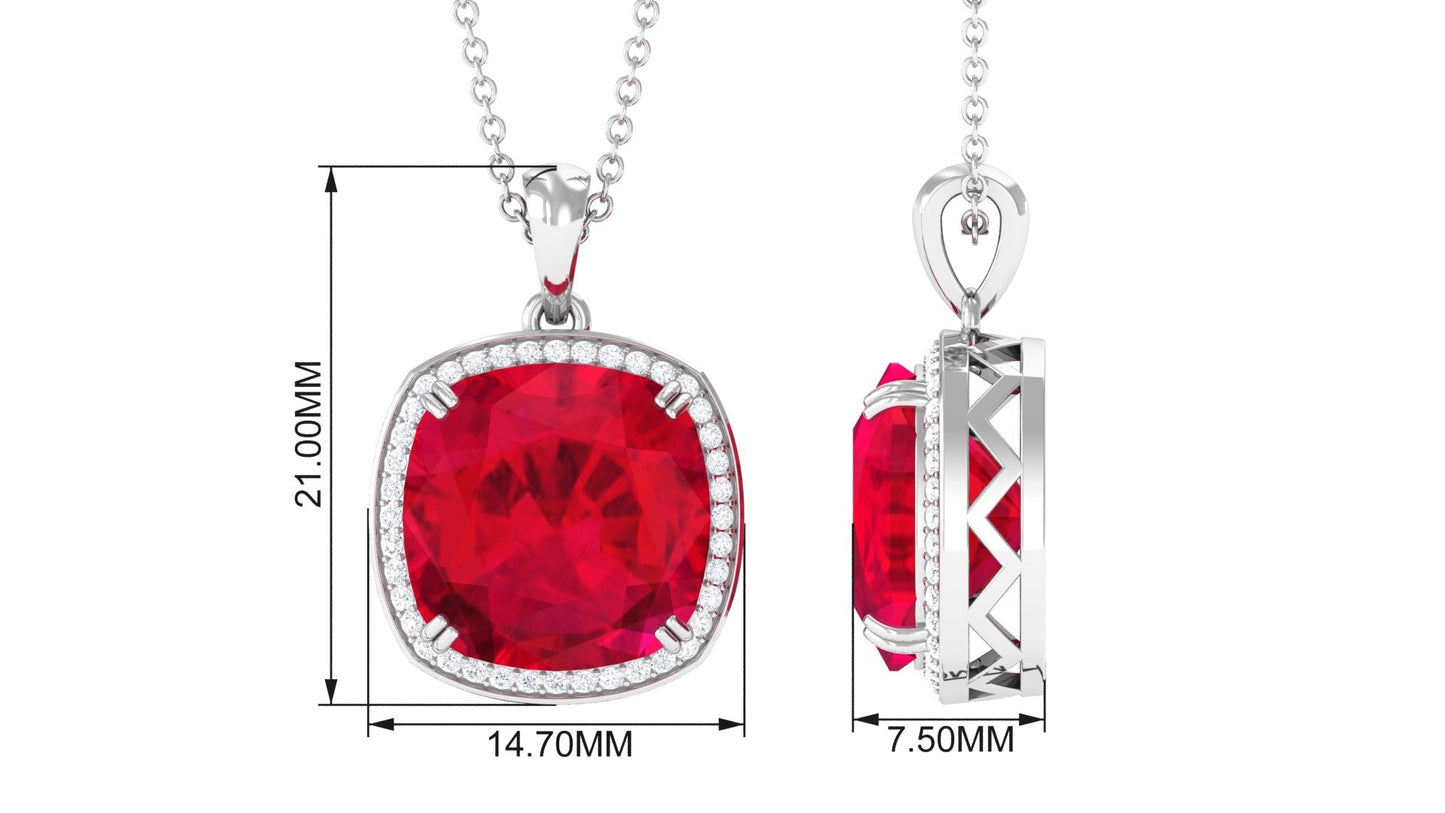 4 Carat Cushion Cut Lab Grown Ruby Statement Necklace with Diamond Halo