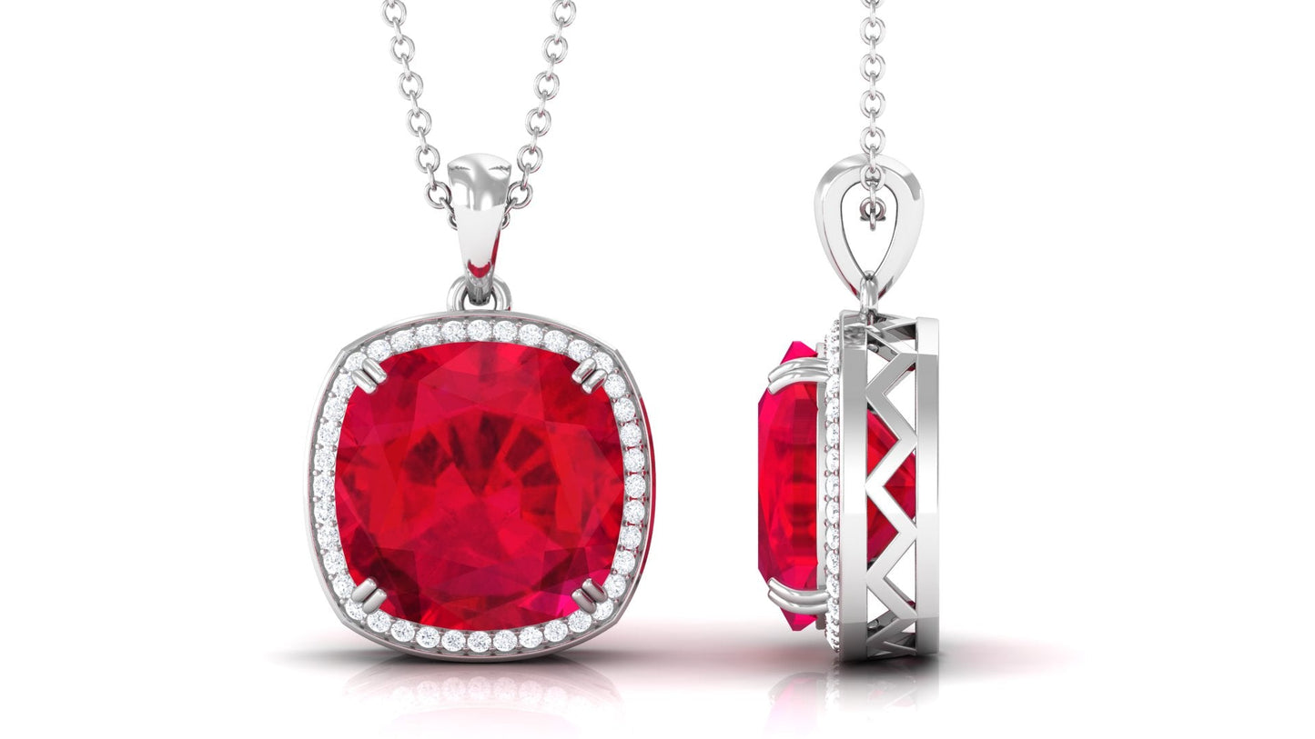 4 Carat Cushion Cut Lab Grown Ruby Statement Necklace with Diamond Halo