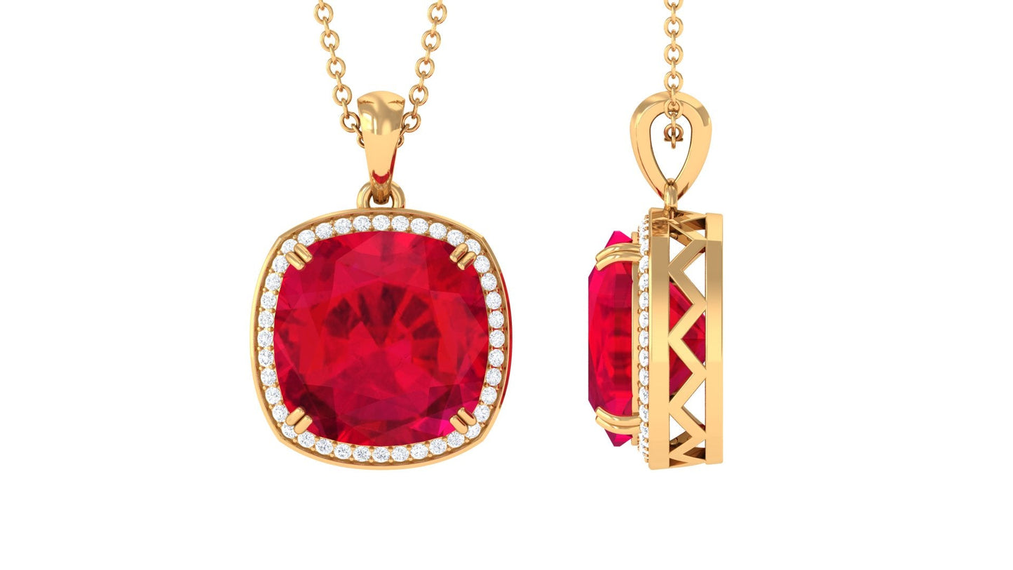 4 Carat Cushion Cut Lab Grown Ruby Statement Necklace with Diamond Halo