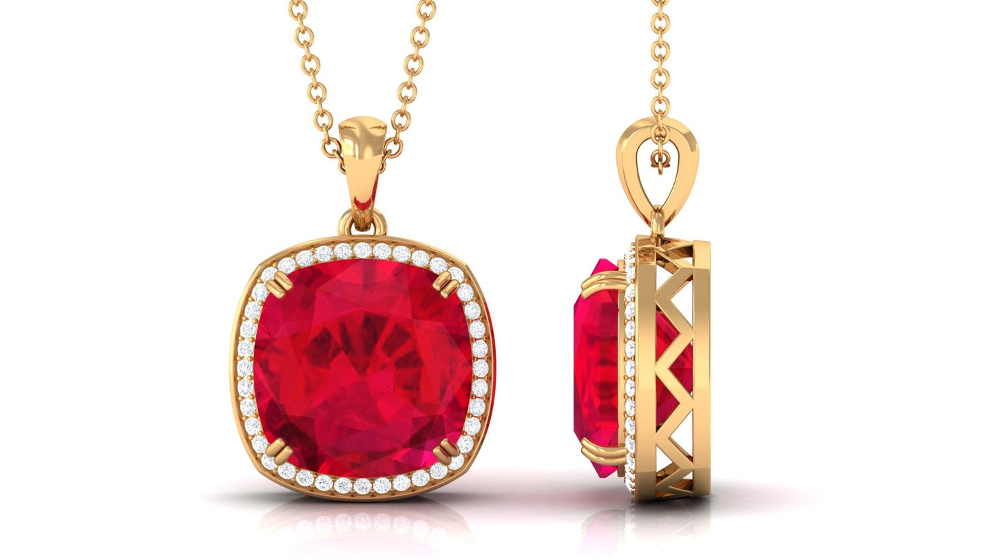 4 Carat Cushion Cut Lab Grown Ruby Statement Necklace with Diamond Halo