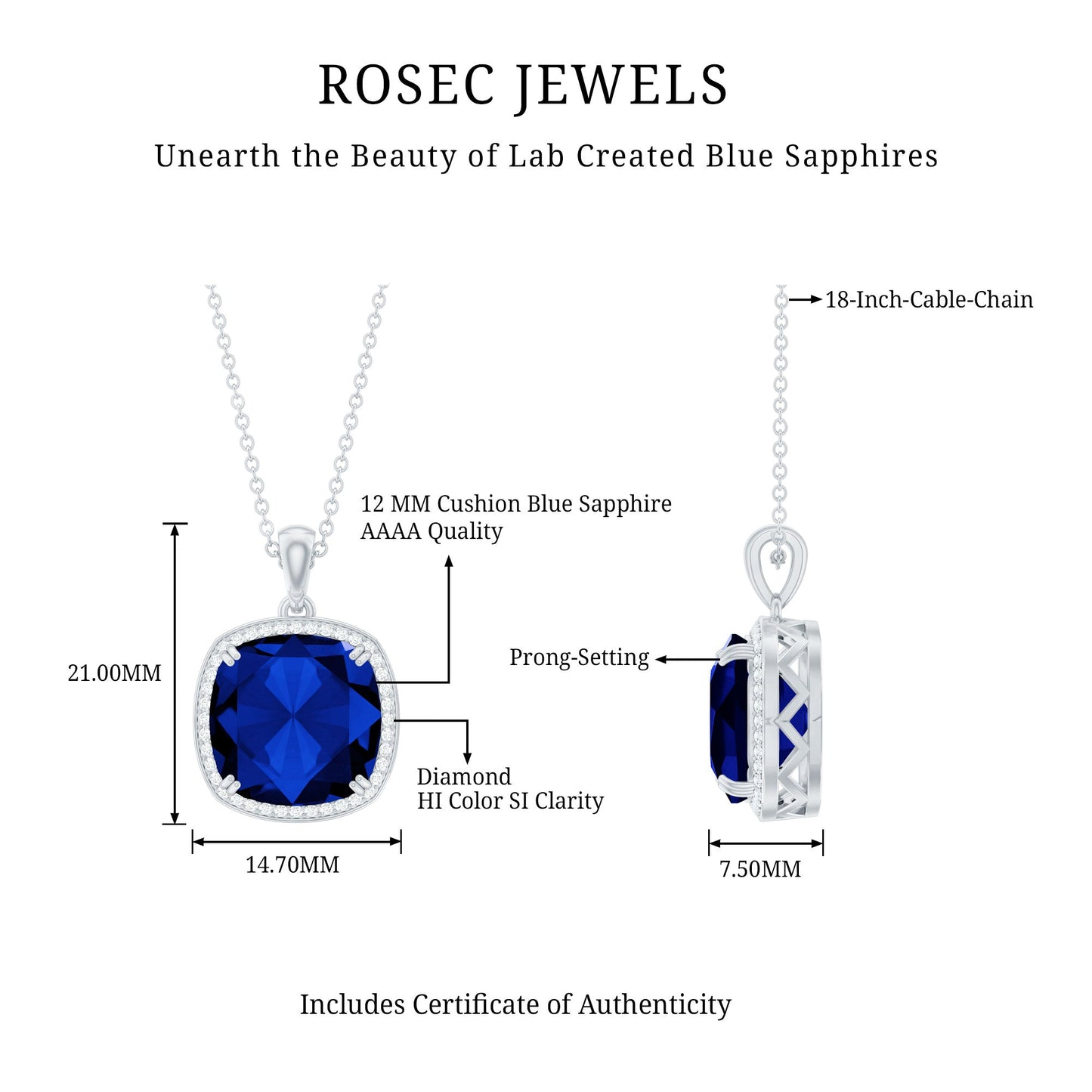 Cushion Cut Created Blue Sapphire and Diamond Halo Pendant Necklace