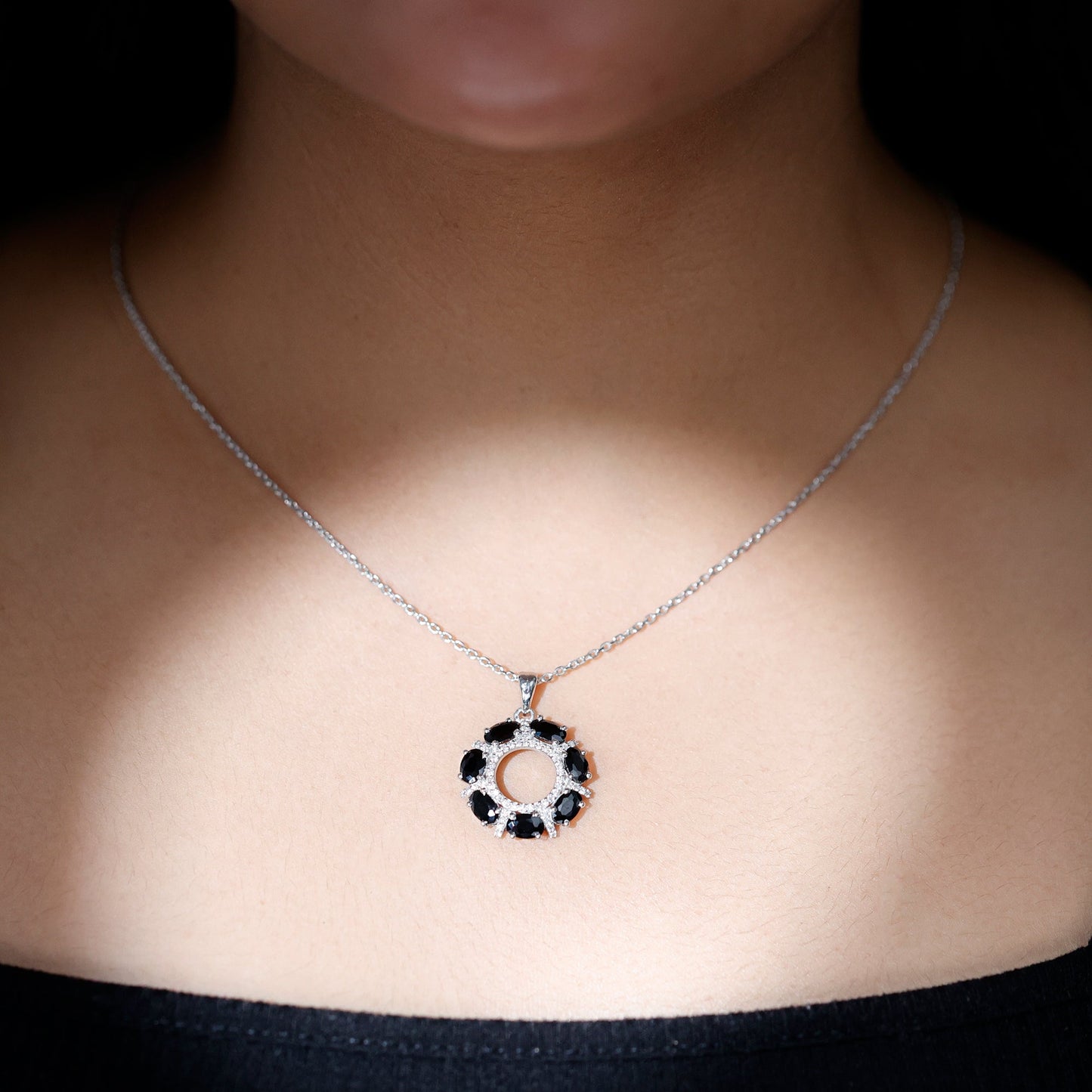 Oval Cut Black Spinel Eternity Pendant with Moissanite