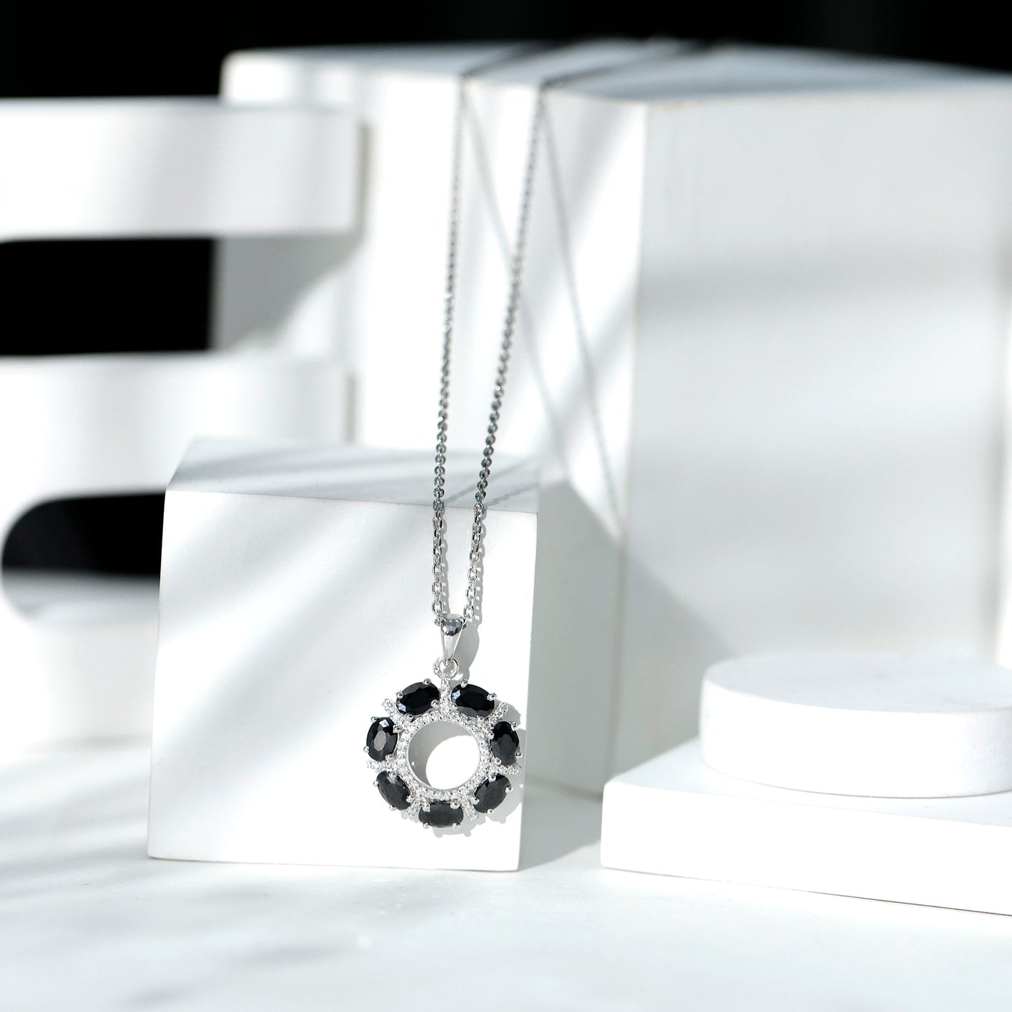 Oval Cut Black Spinel Eternity Pendant with Moissanite
