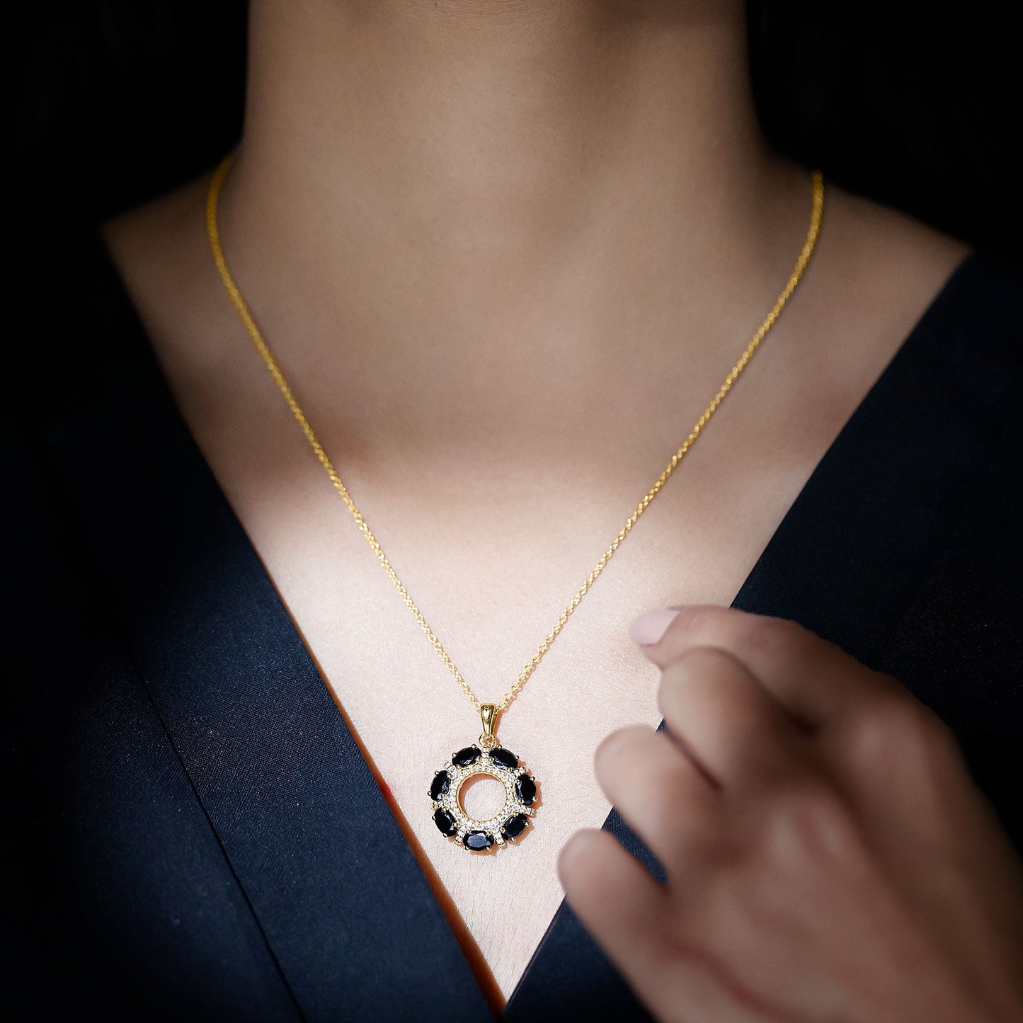 Oval Cut Black Spinel Eternity Pendant with Moissanite