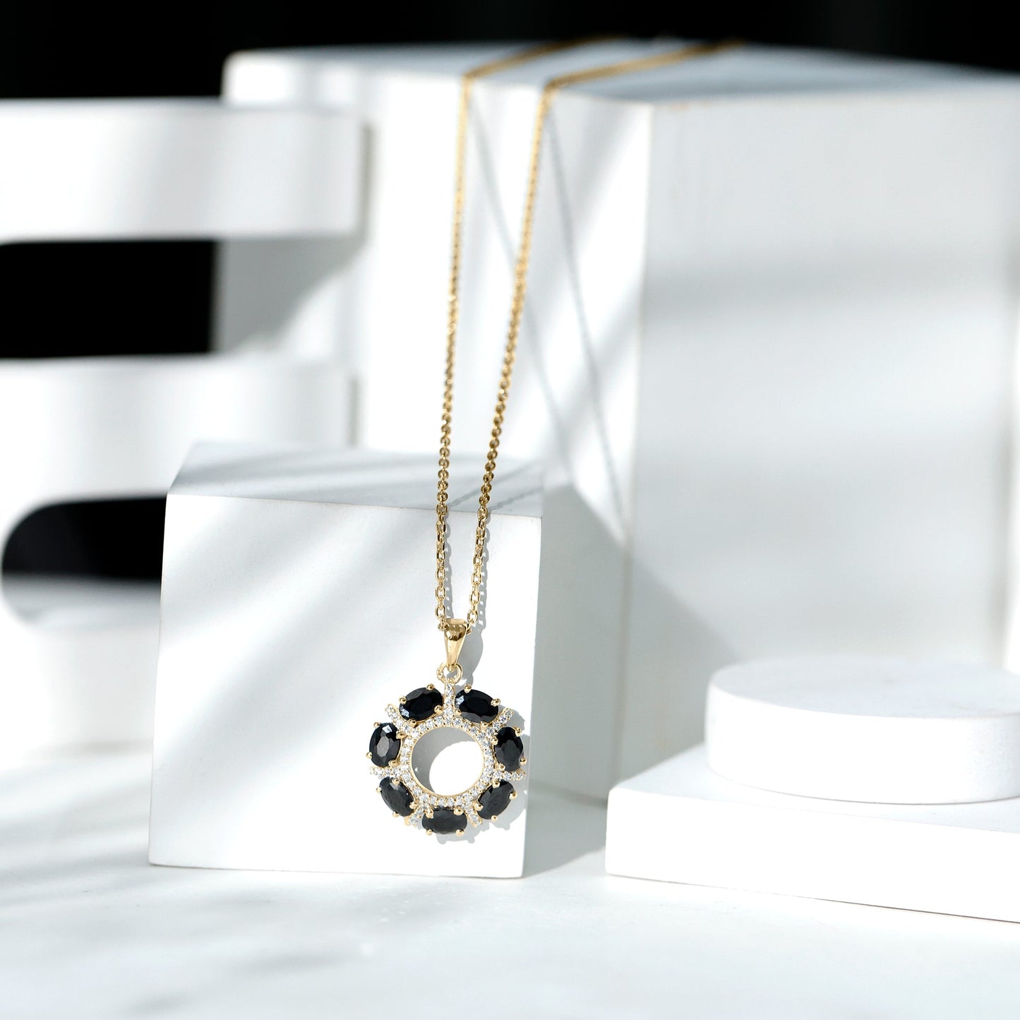 Oval Cut Black Spinel Eternity Pendant with Moissanite