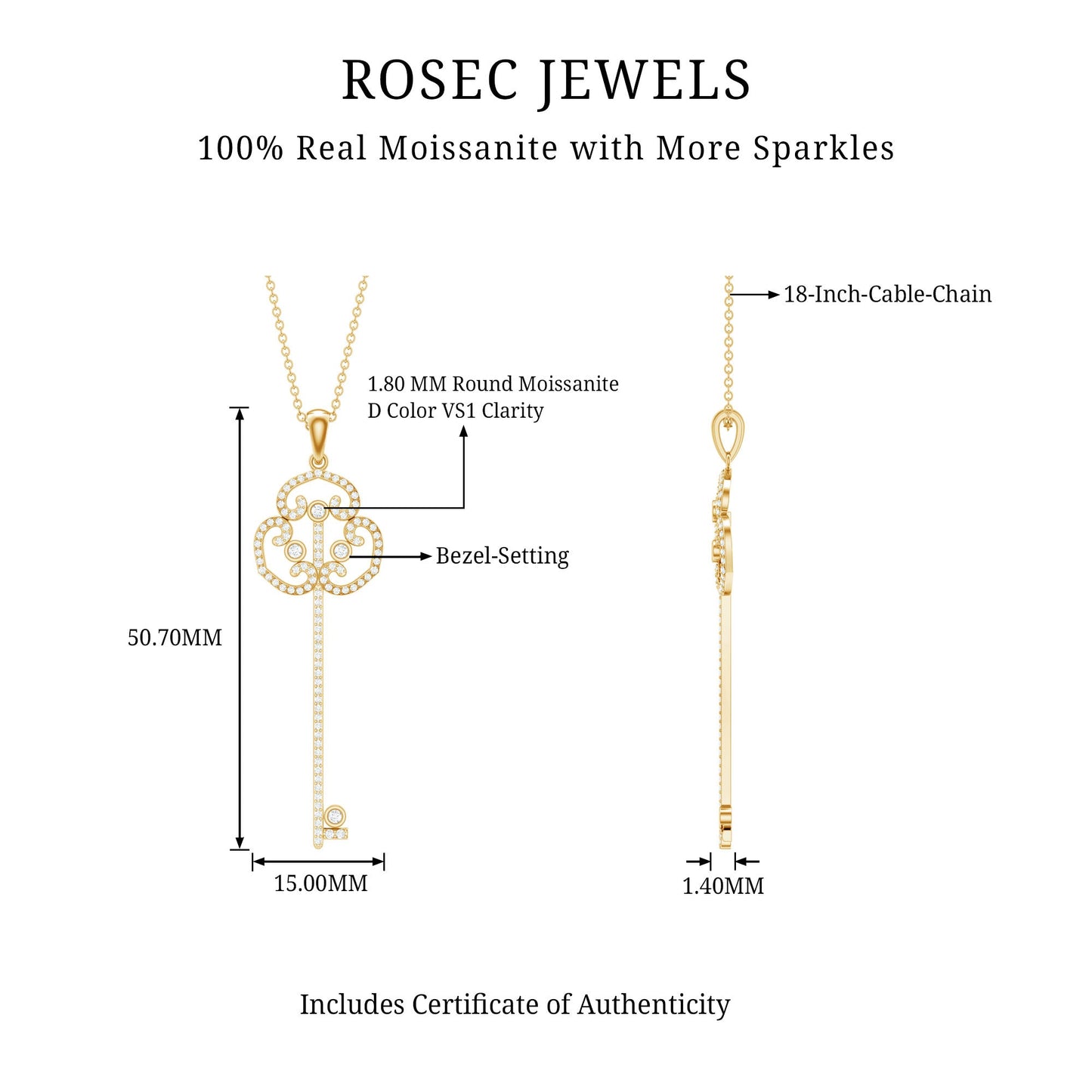 Certified Moissanite Vintage Key Pendant Necklace