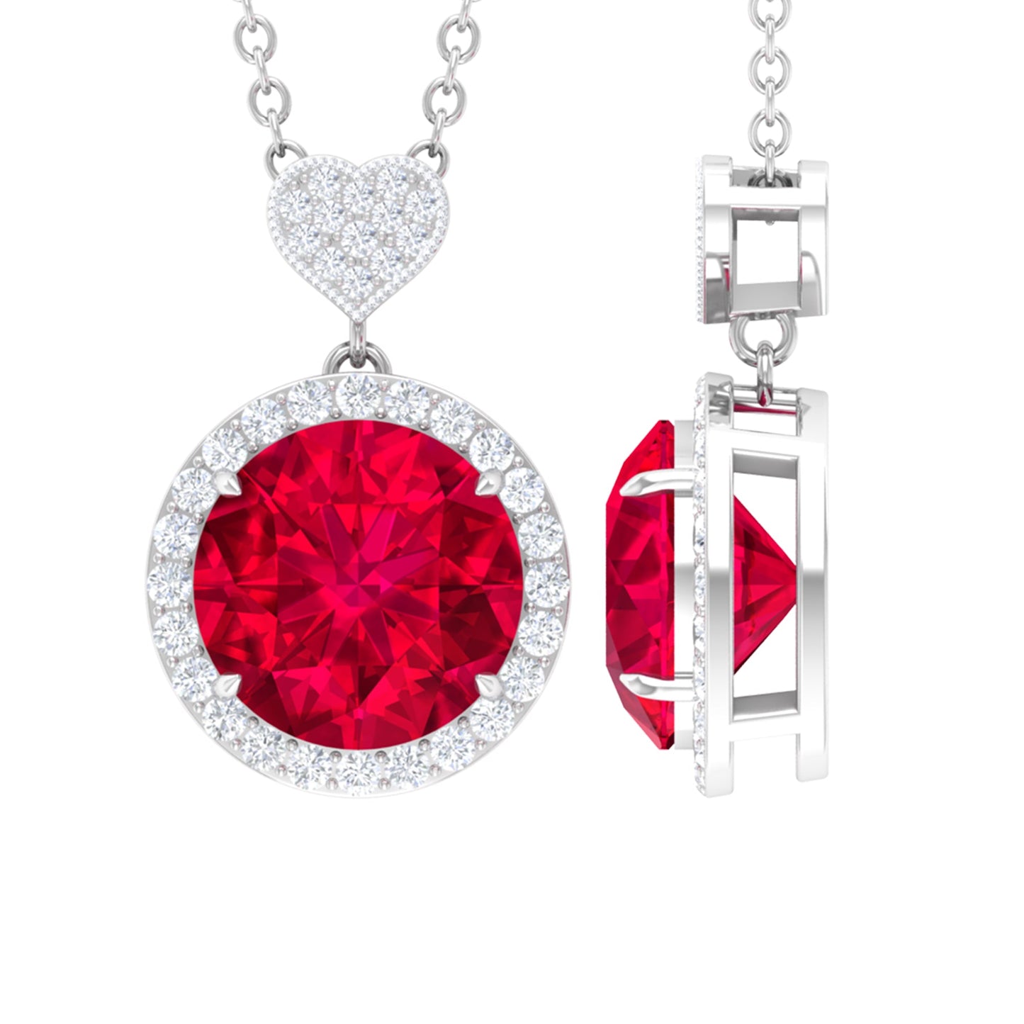 2.3 Carat Lab Created Ruby Halo Necklace with Diamond Heart