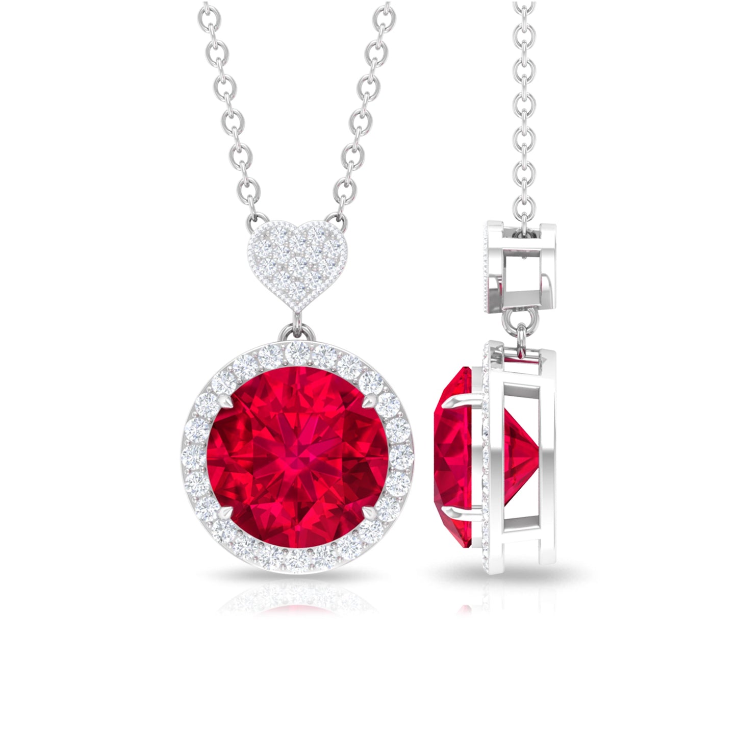 2.3 Carat Lab Created Ruby Halo Necklace with Diamond Heart
