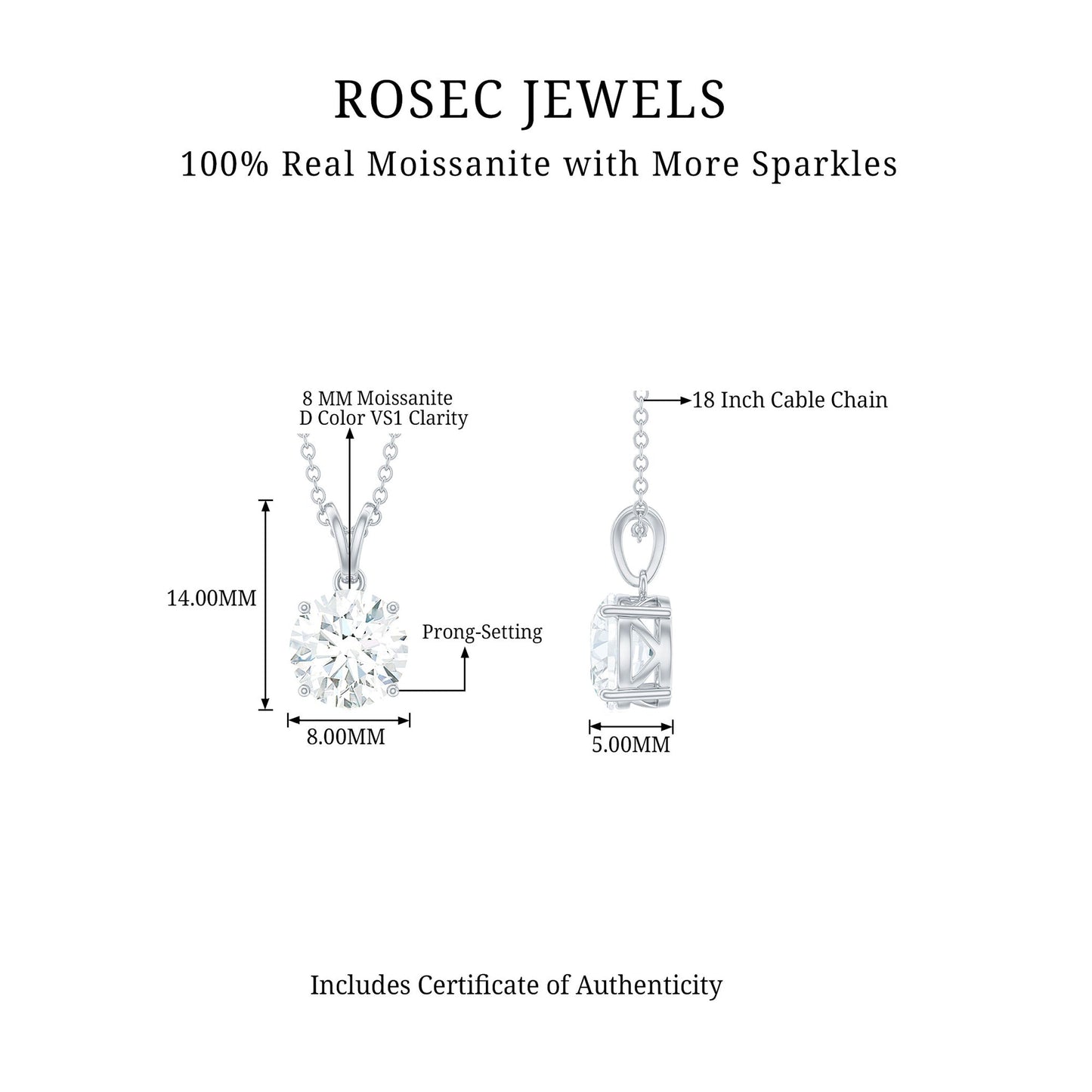 Certified 2 Carat Moissanite Solitaire Pendant Necklace With Chain