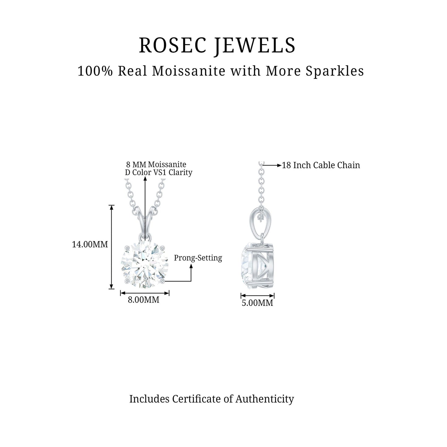 Certified 2 Carat Moissanite Solitaire Pendant Necklace With Chain