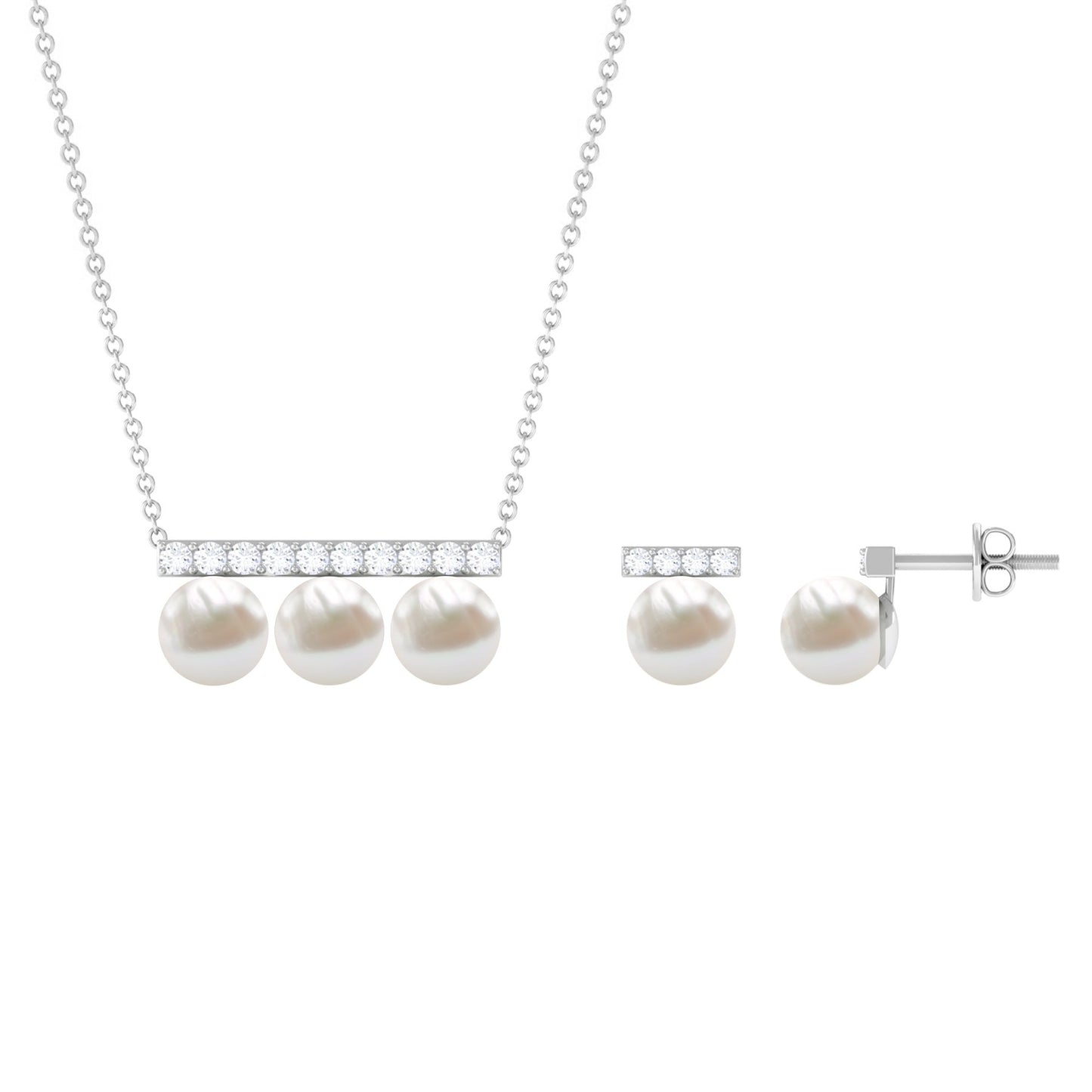 Freshwater Pearl Classic Three Stone Bar jewelry Set with Diamond