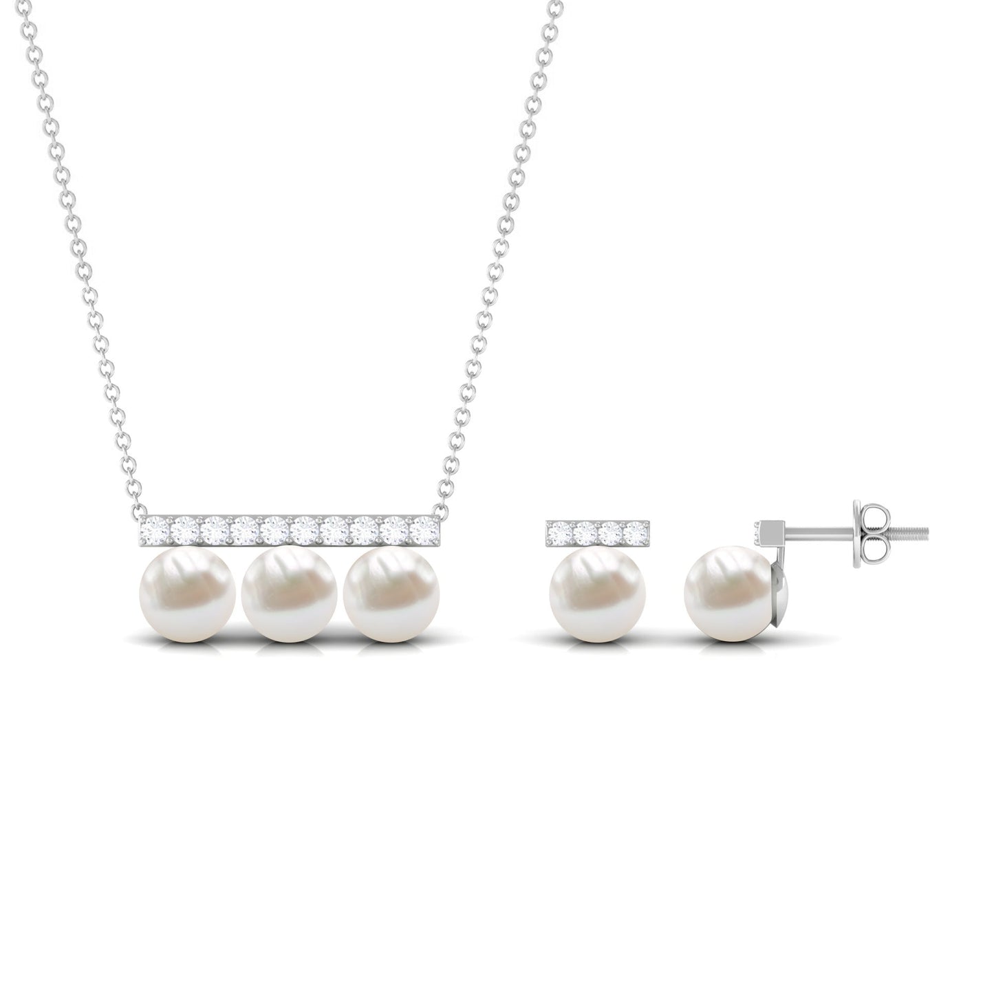 Freshwater Pearl Classic Three Stone Bar jewelry Set with Diamond