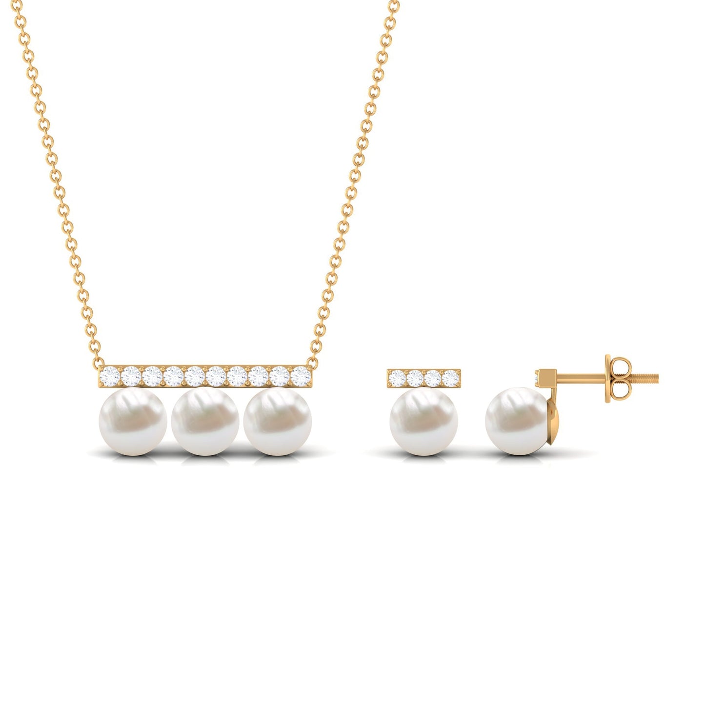 Freshwater Pearl Classic Three Stone Bar jewelry Set with Diamond
