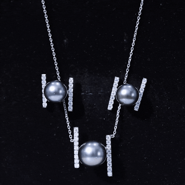 Genuine Black Tahitian Pearl Necklace and Earrings Set with Moissanite