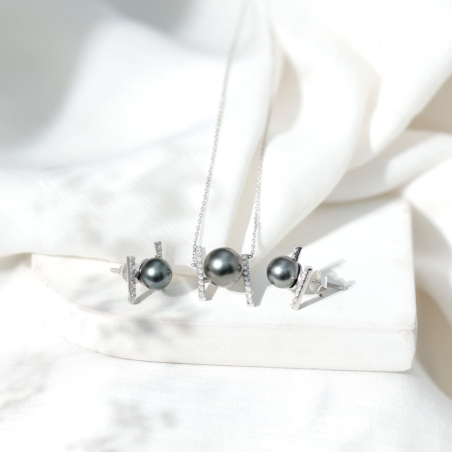 Genuine Black Tahitian Pearl Necklace and Earrings Set with Moissanite