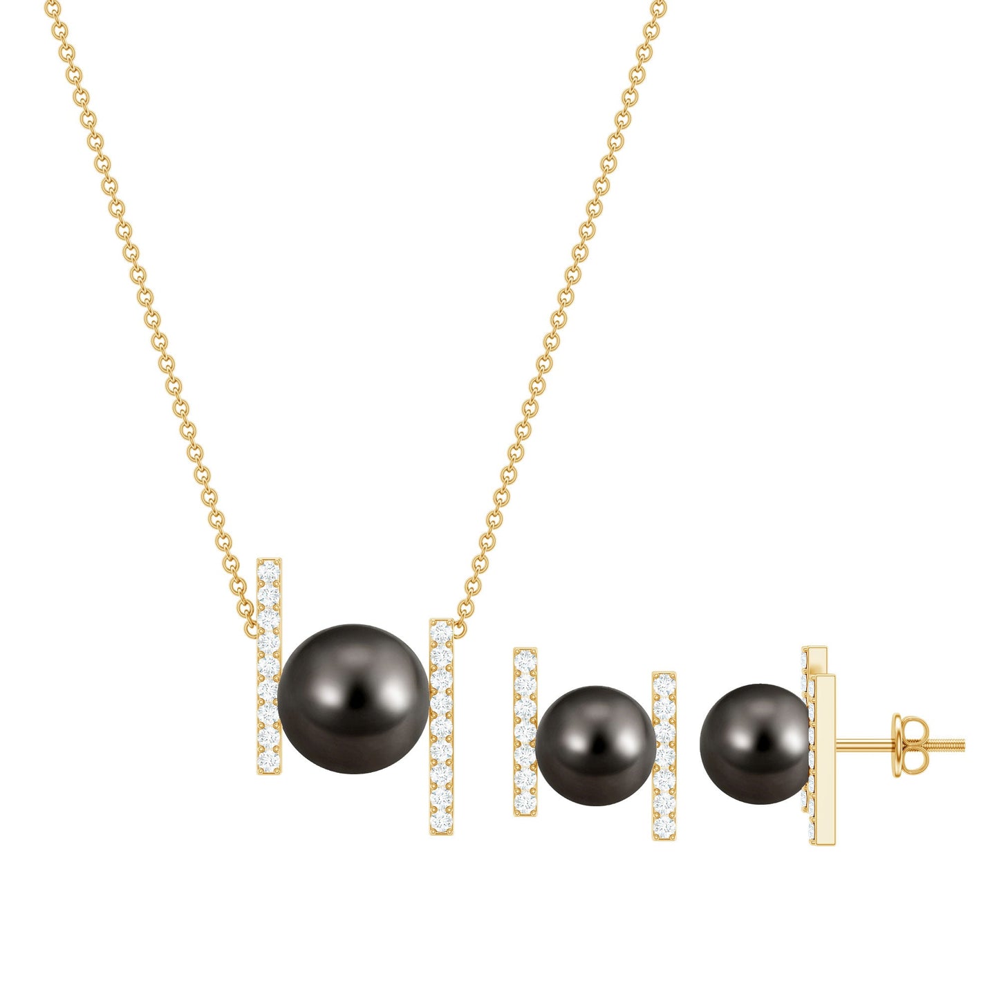 Genuine Black Tahitian Pearl Necklace and Earrings Set with Moissanite