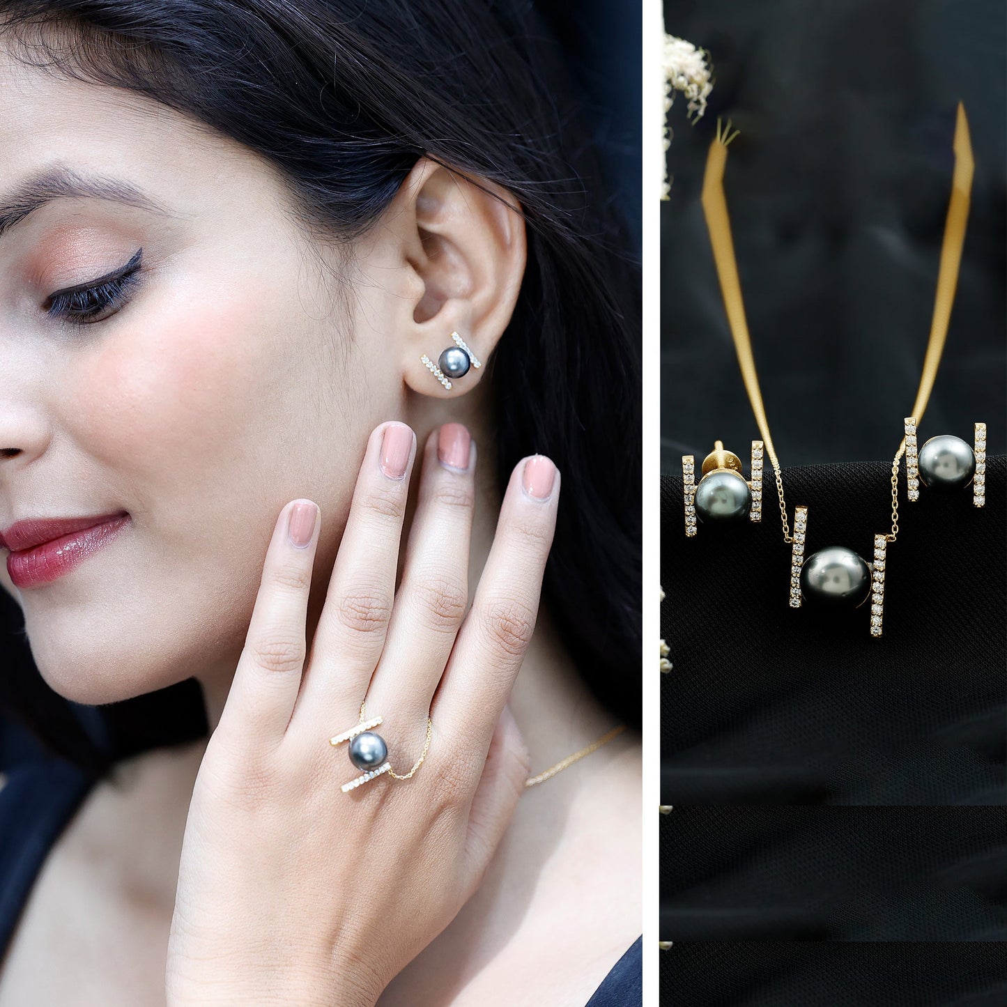 Genuine Black Tahitian Pearl Necklace and Earrings Set with Moissanite