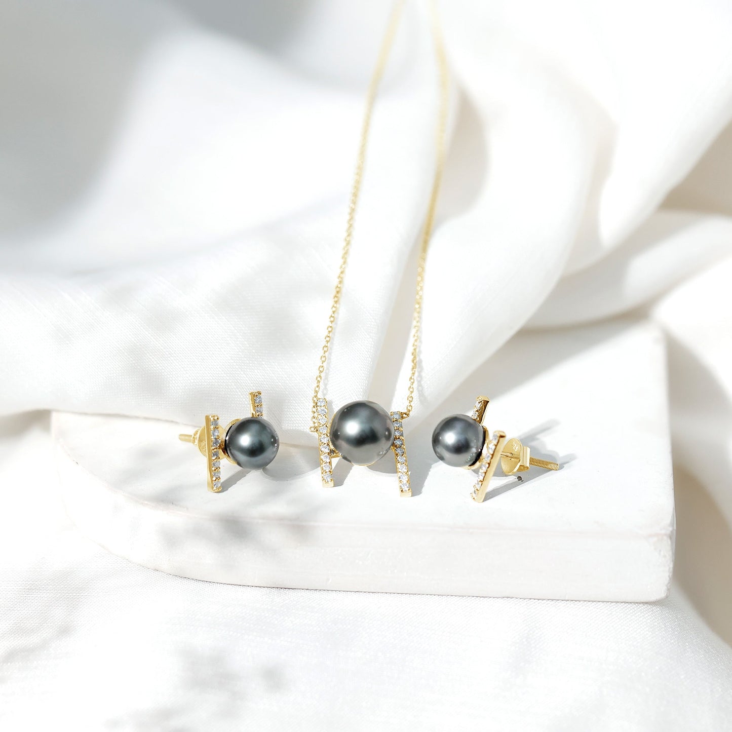 Genuine Black Tahitian Pearl Necklace and Earrings Set with Moissanite