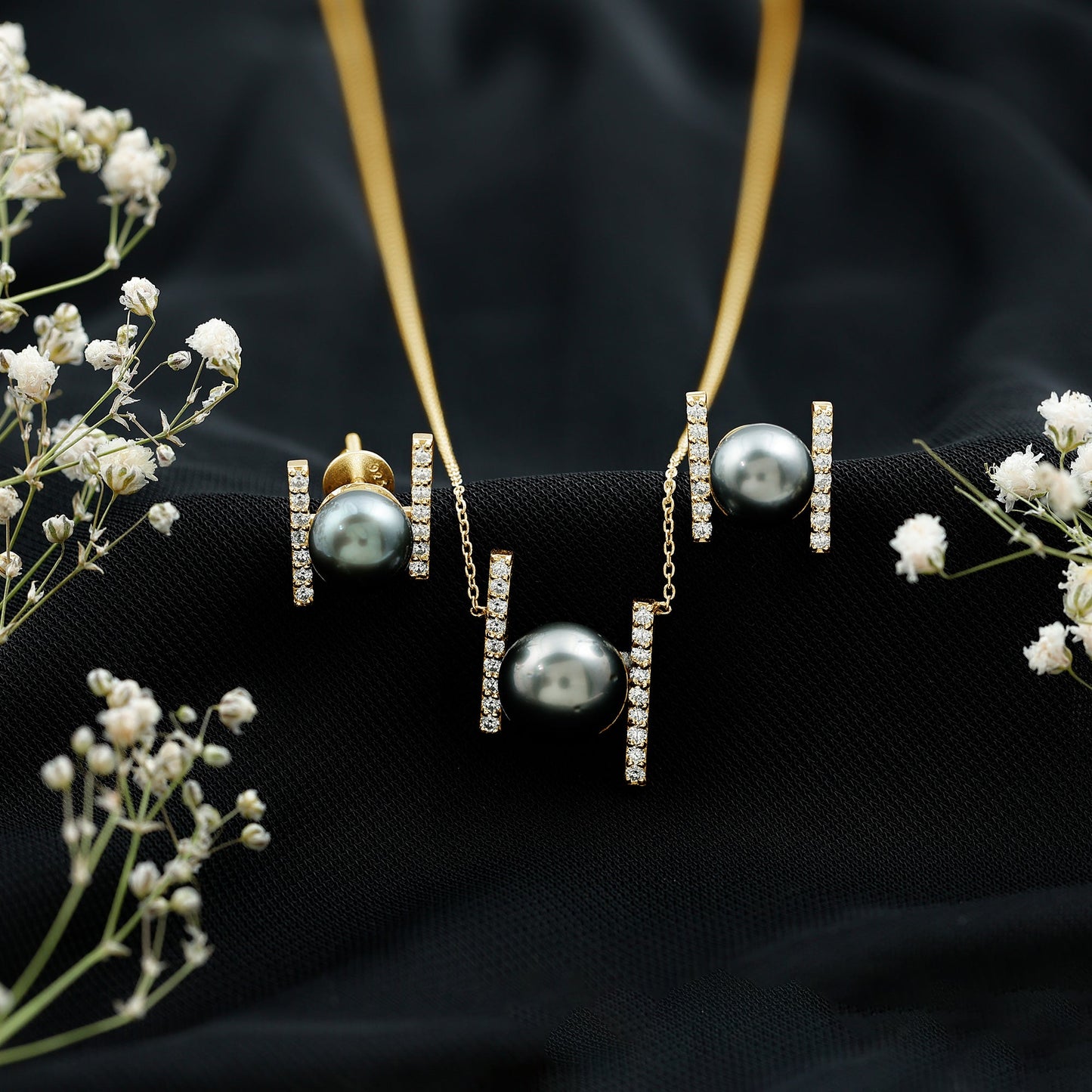 Genuine Black Tahitian Pearl Necklace and Earrings Set with Moissanite