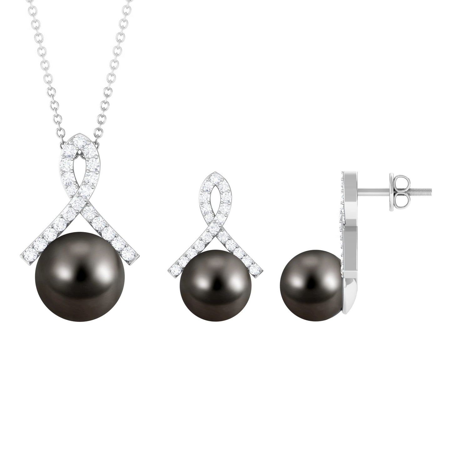 Solitaire Tahitian Pearl Pendant and Earrings Set with Diamond