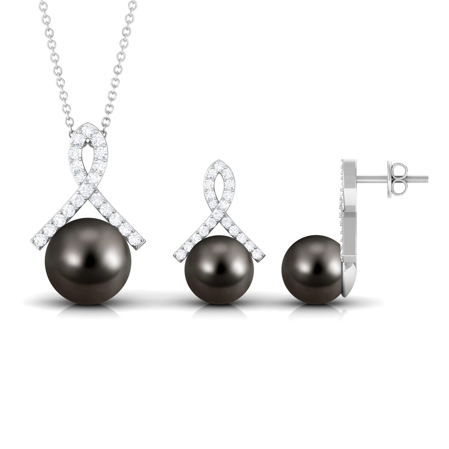 Solitaire Tahitian Pearl Pendant and Earrings Set with Diamond