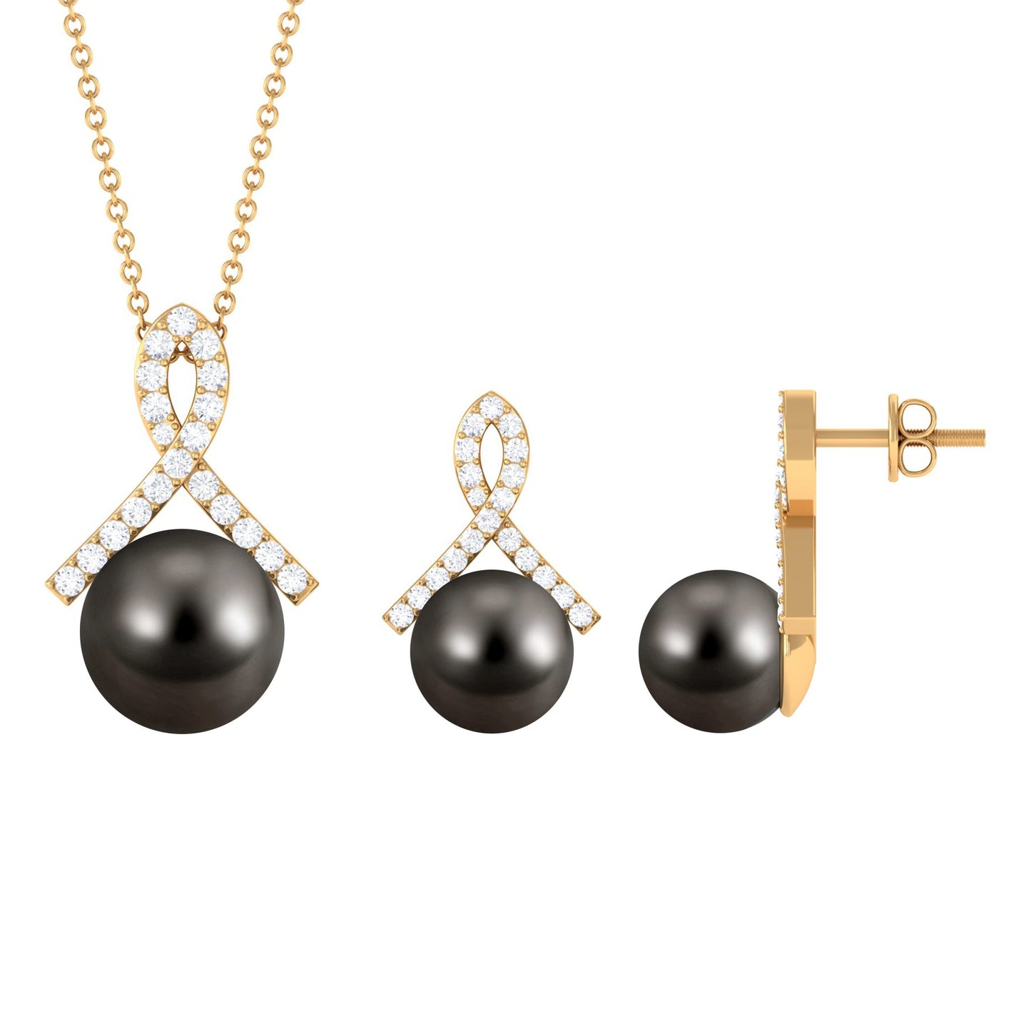Solitaire Tahitian Pearl Pendant and Earrings Set with Diamond