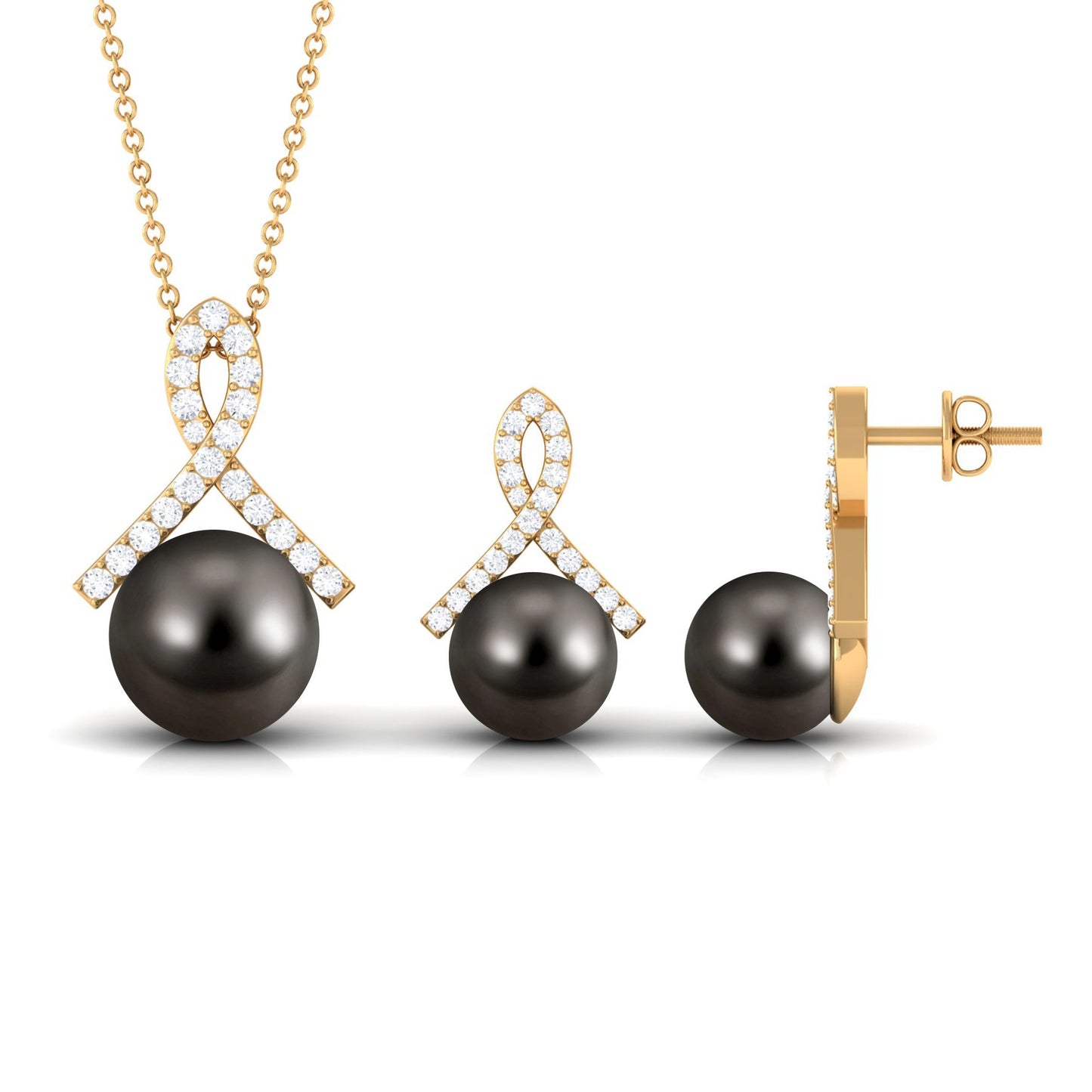 Solitaire Tahitian Pearl Pendant and Earrings Set with Diamond