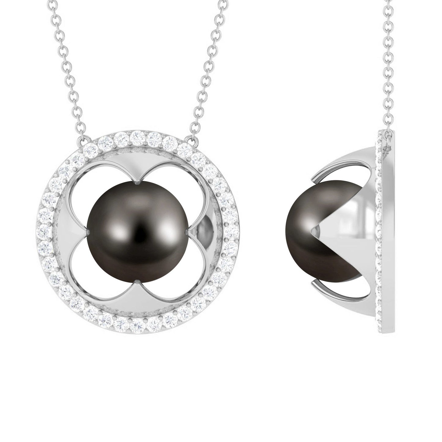 8 Carat Solitaire Tahitian Pearl and Diamond Flower Necklace