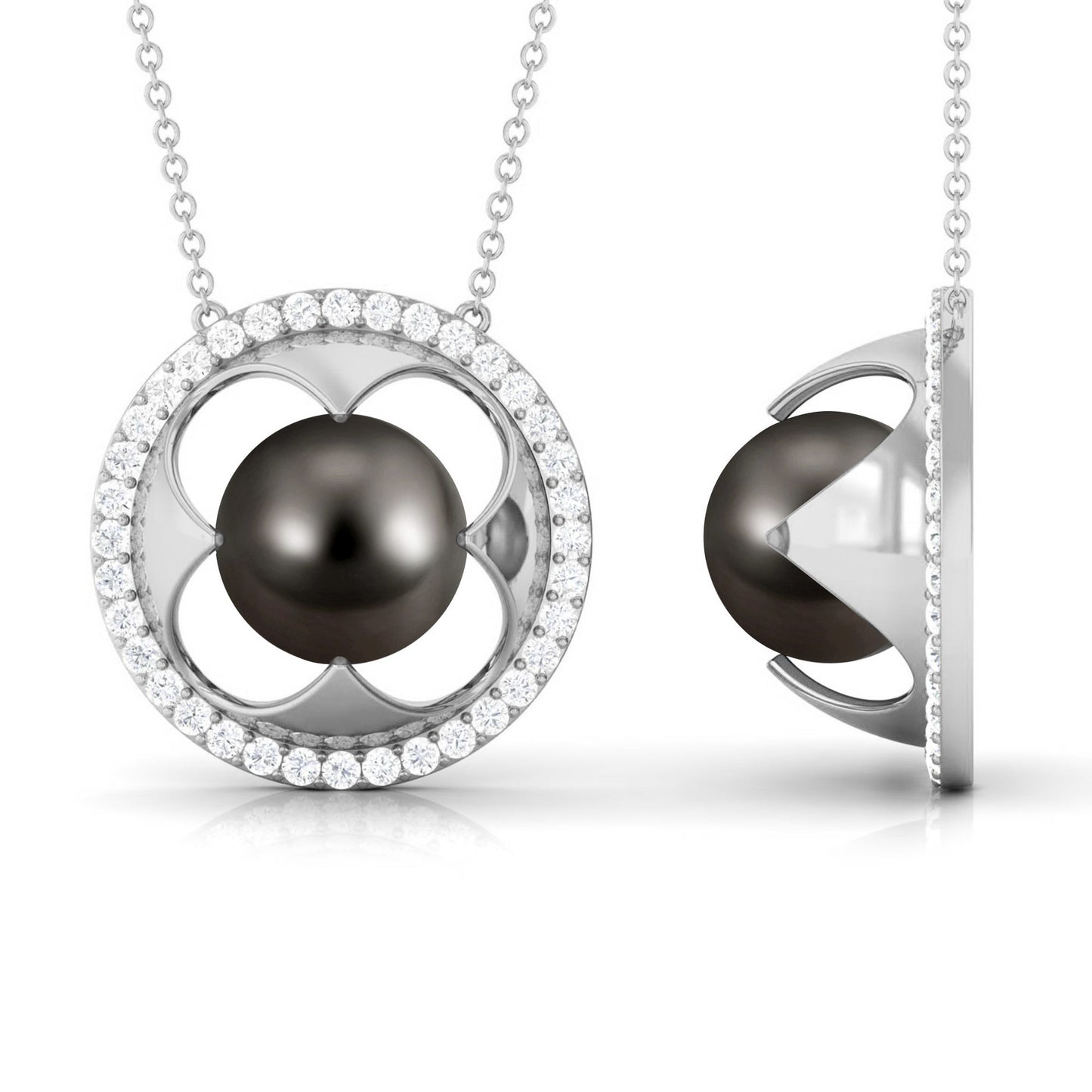 8 Carat Solitaire Tahitian Pearl and Diamond Flower Necklace