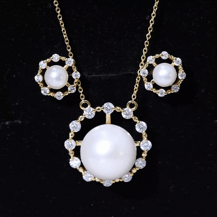 Genuine Freshwater Pearl Halo Necklace and Earrings Set with Certificate