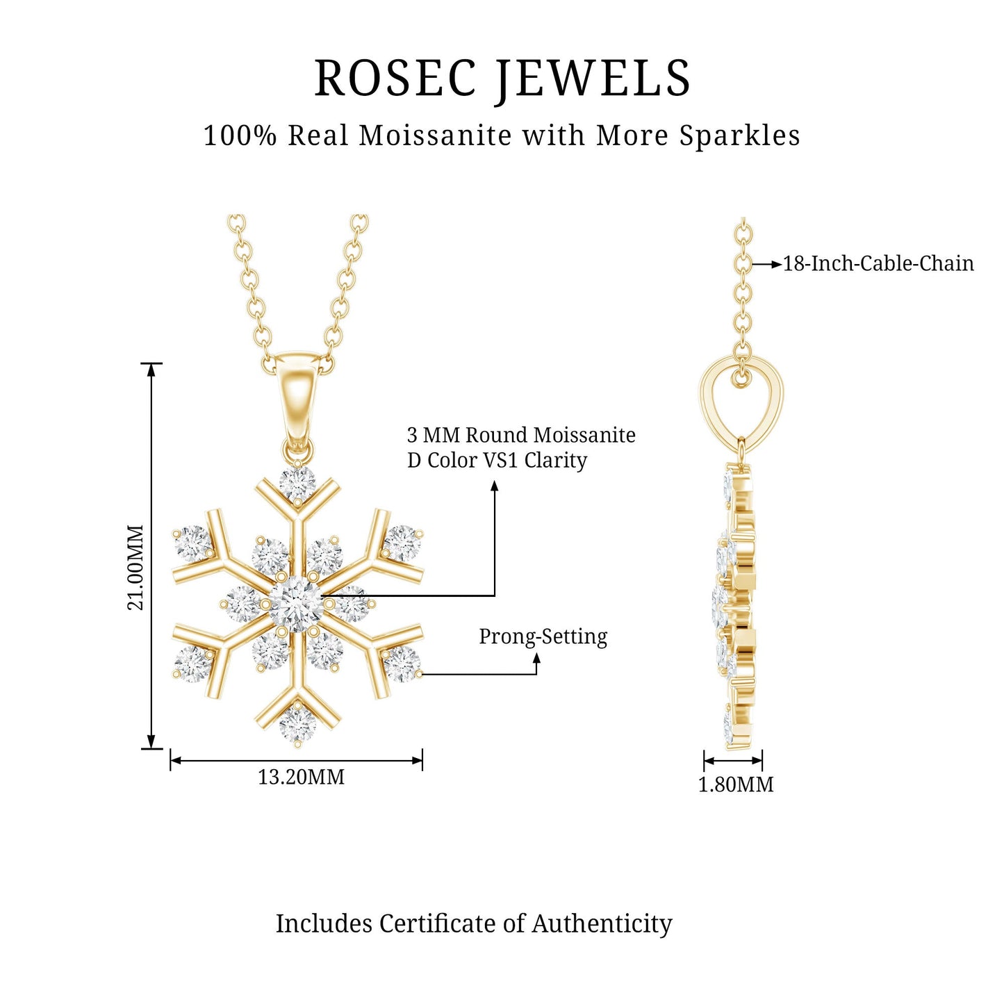 Certified Moissanite Snowflake Pendant Necklace for Women