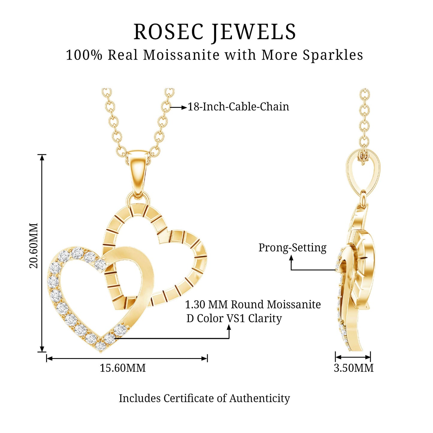 Certified Moissanite Twin Heart Pendant Necklace