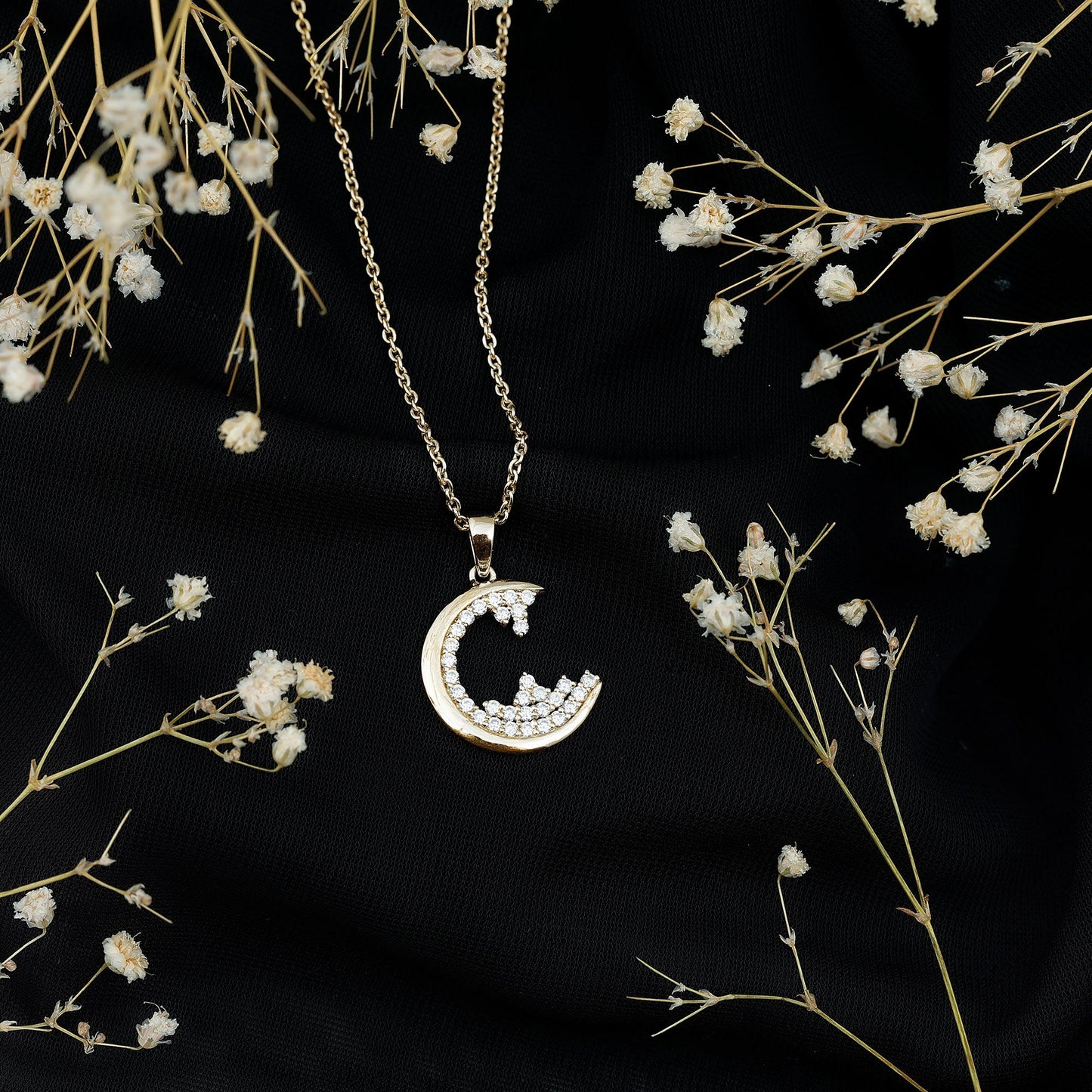 C Initial Necklace with Moissanite Cluster