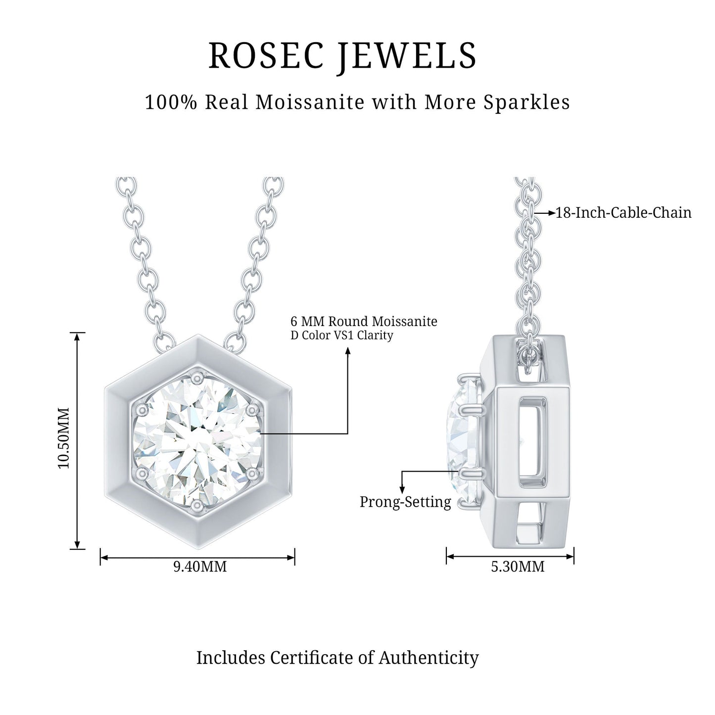 Certified Moissanite Solitaire Hexagonal Pendant