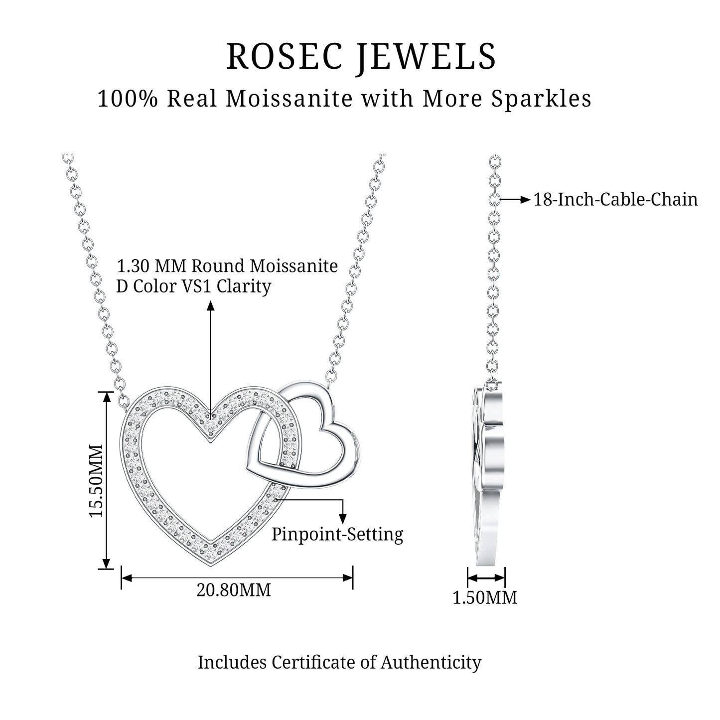 Certified Moissanite Double Heart Necklace for Women