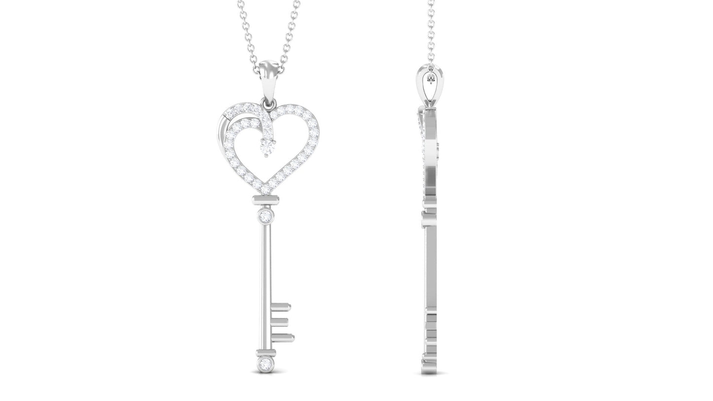 Certified Pave Set Moissanite Heart and Key Pendant for Women
