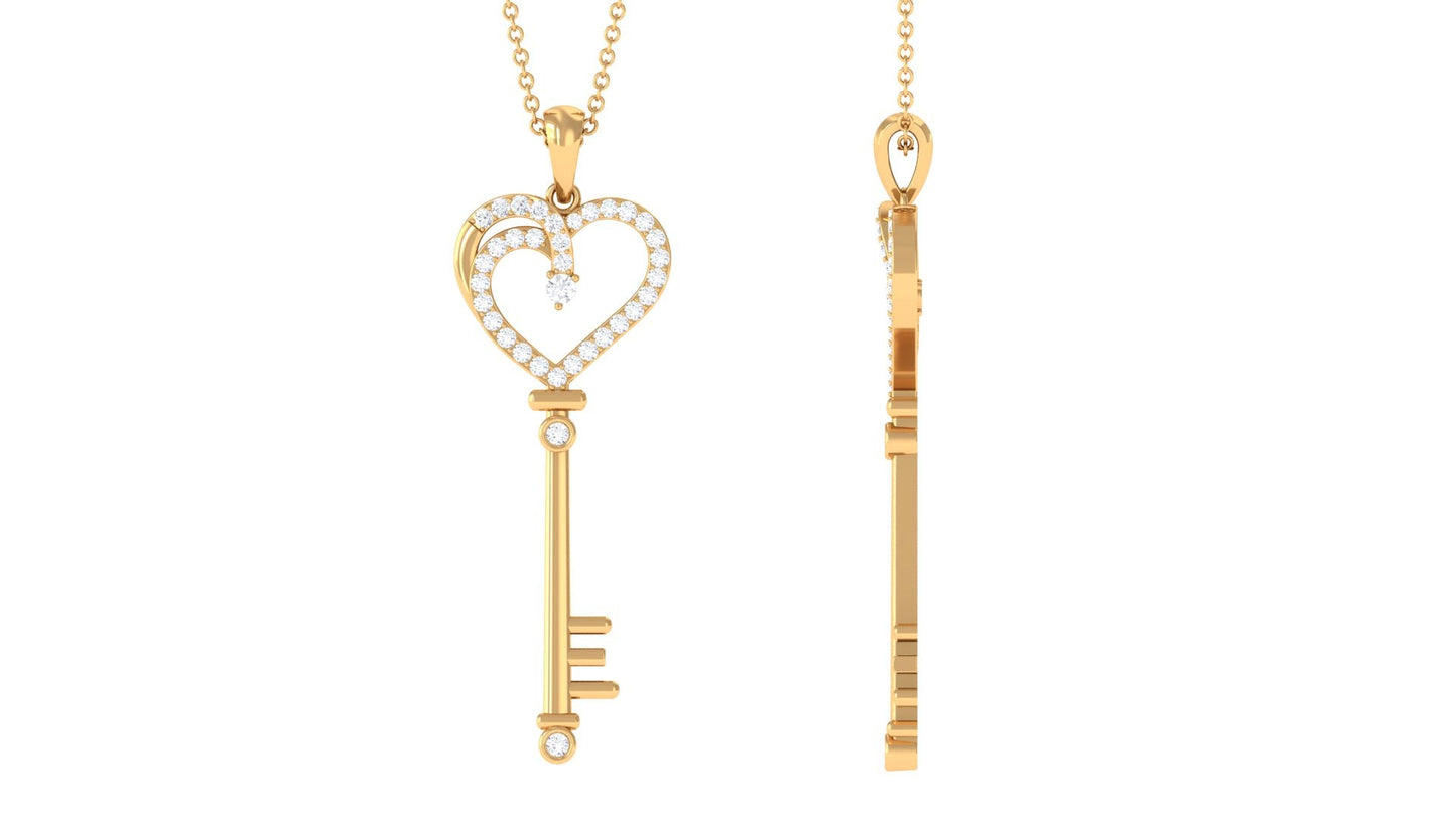 Certified Pave Set Moissanite Heart and Key Pendant for Women