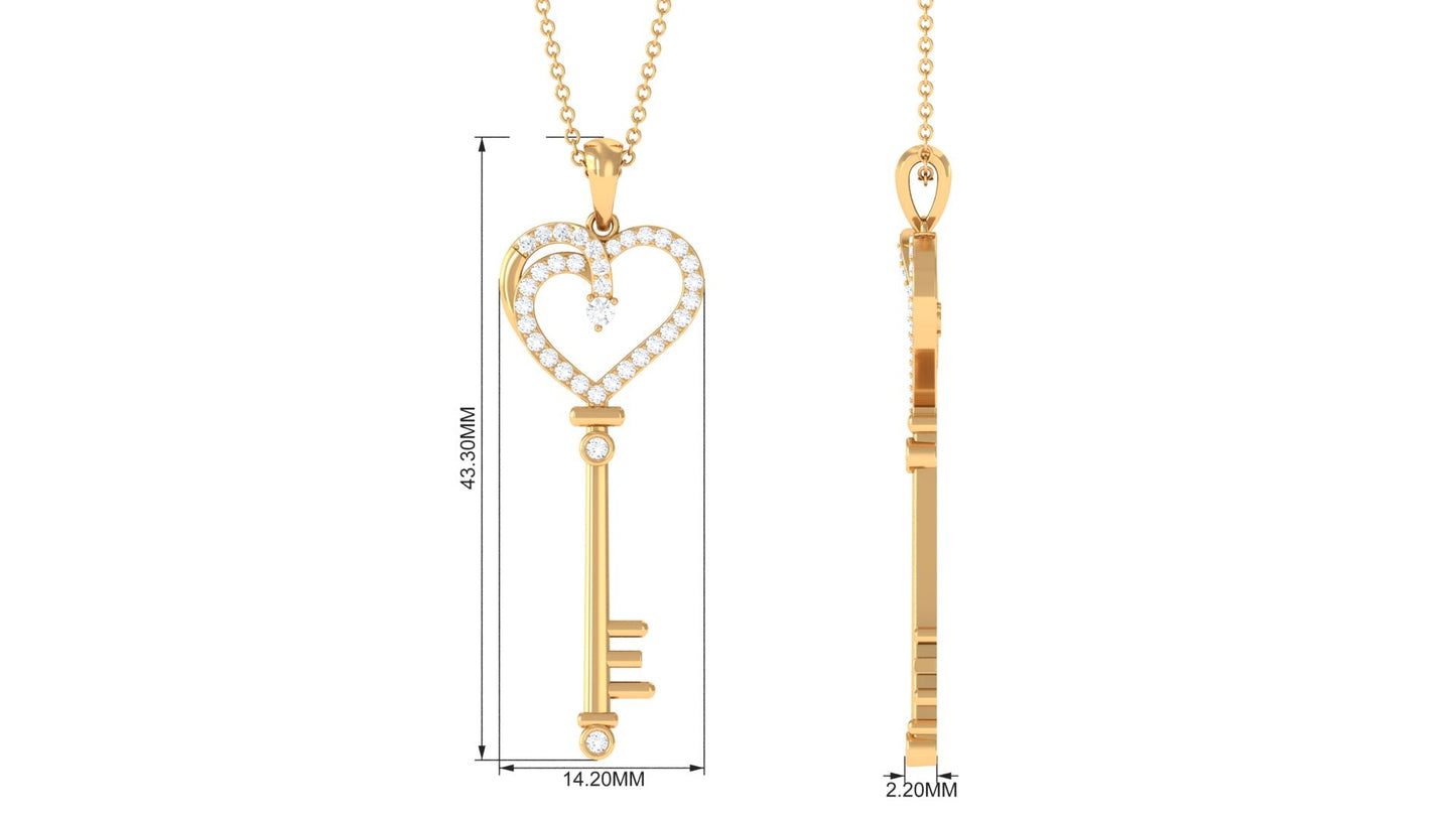 Certified Pave Set Moissanite Heart and Key Pendant for Women
