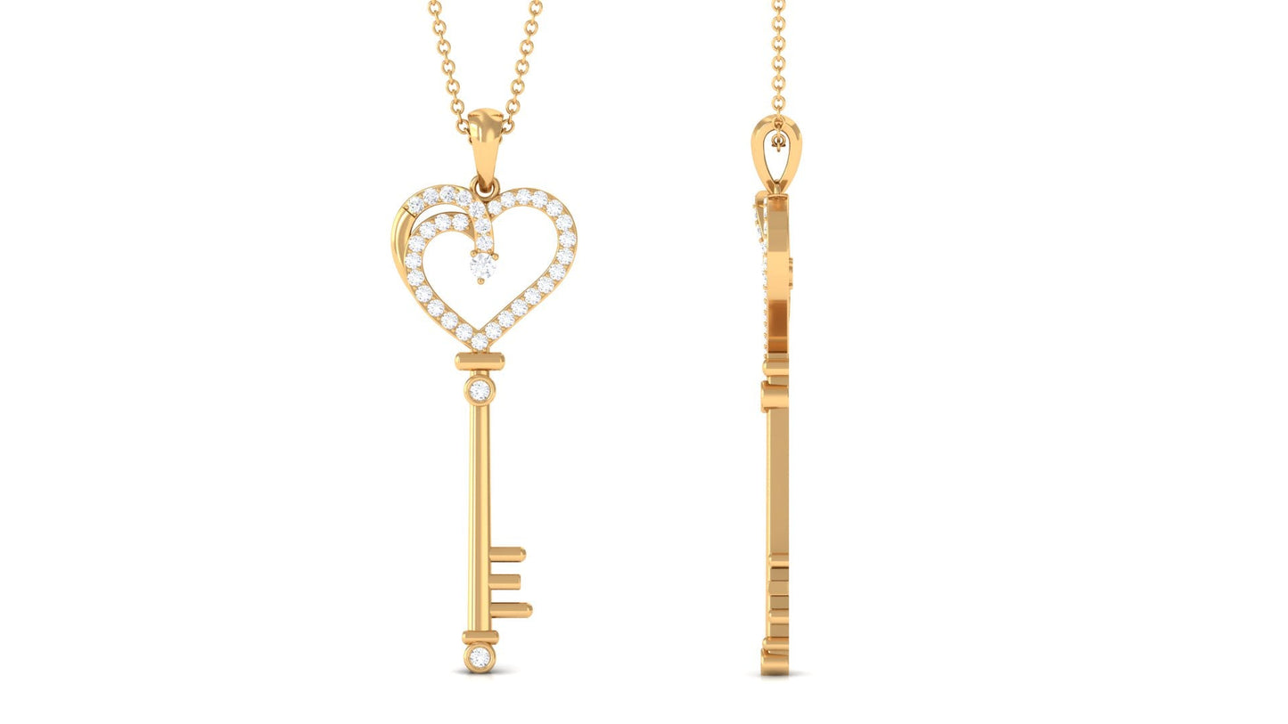 Certified Pave Set Moissanite Heart and Key Pendant for Women