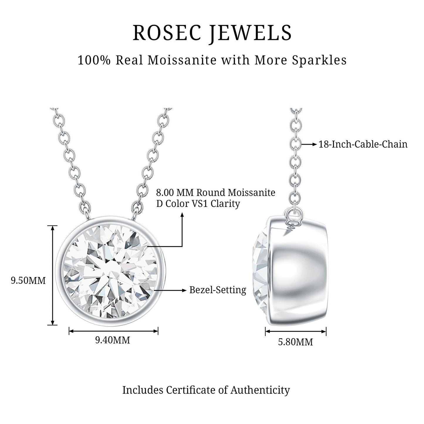 2 Carat Certified Moissanite Solitaire Necklace in Bezel Setting