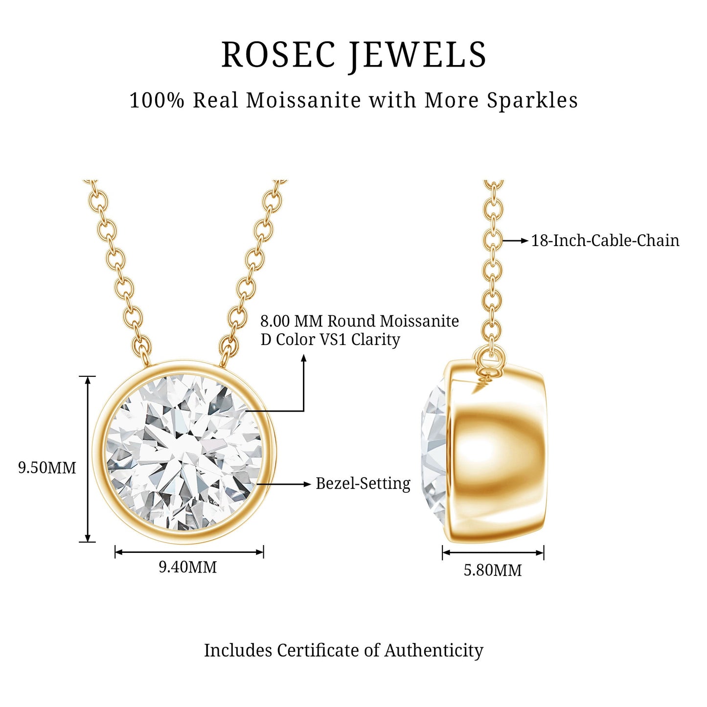 2 Carat Certified Moissanite Solitaire Necklace in Bezel Setting