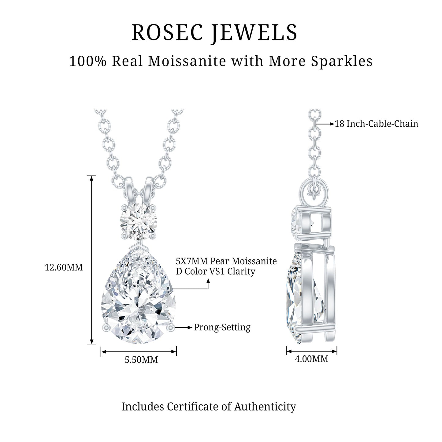 Certified Round and Pear Shaped Moissanite Two Stone Pendant