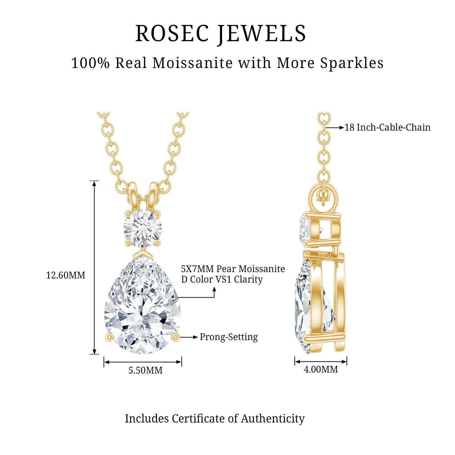 Certified Round and Pear Shaped Moissanite Two Stone Pendant