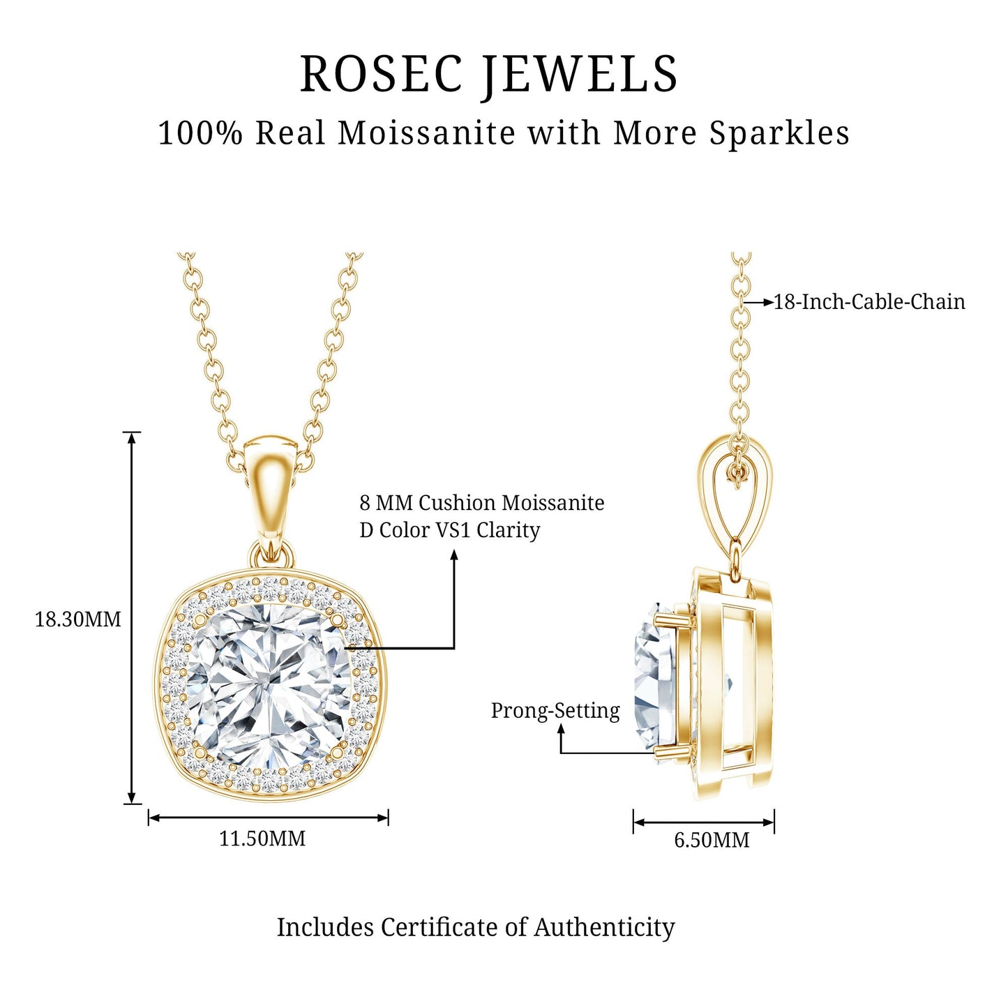 Certified 3 Carat Cushion Cut Moissanite Pendant