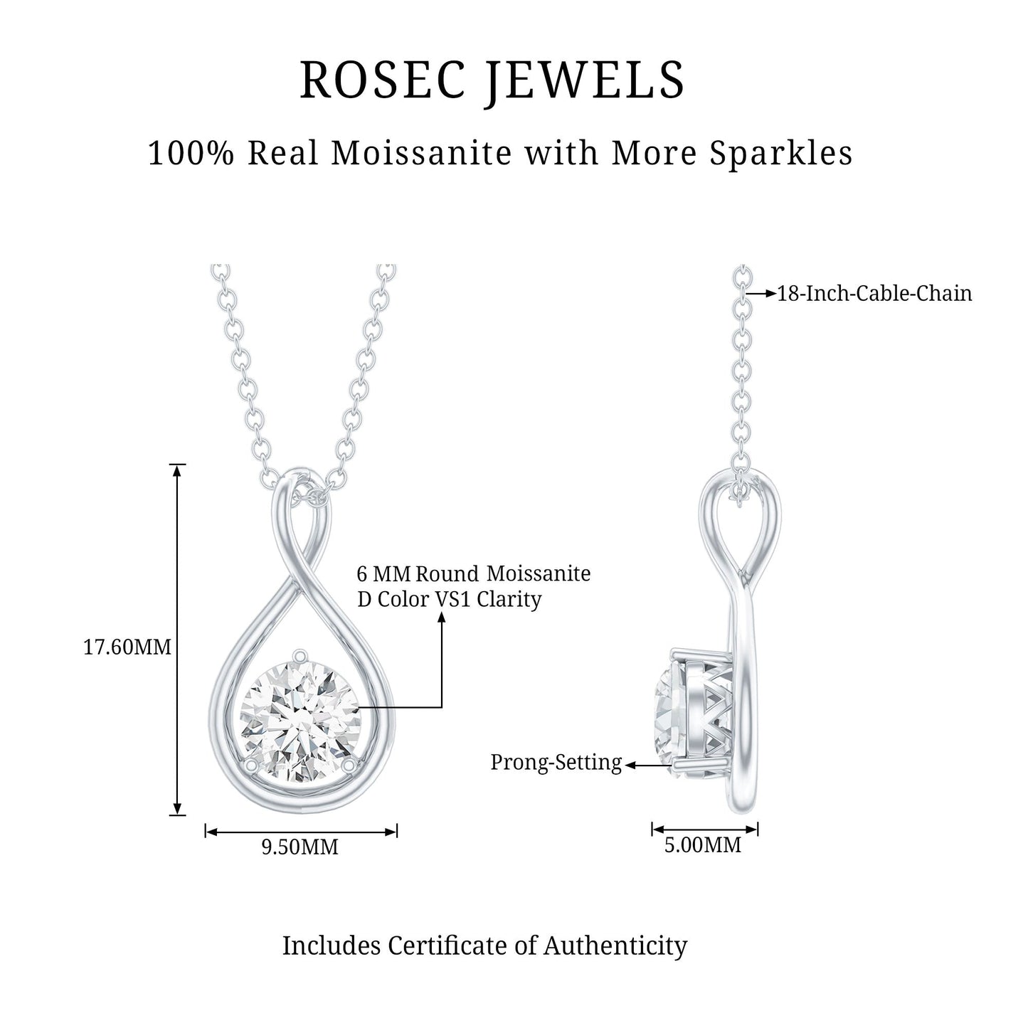 0.9 Carat Solitaire Moissanite Infinity Pendant with Certificate