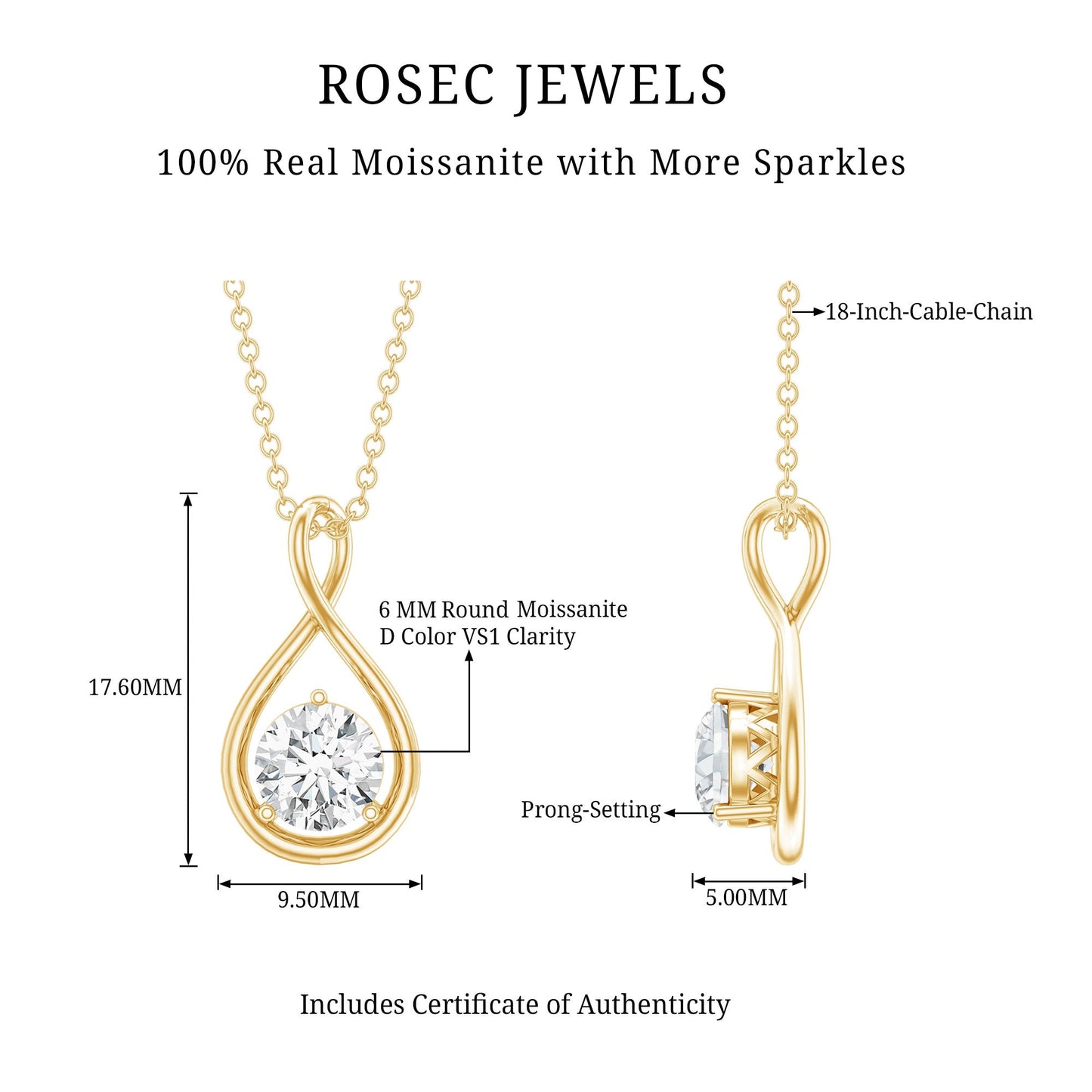 0.9 Carat Solitaire Moissanite Infinity Pendant with Certificate