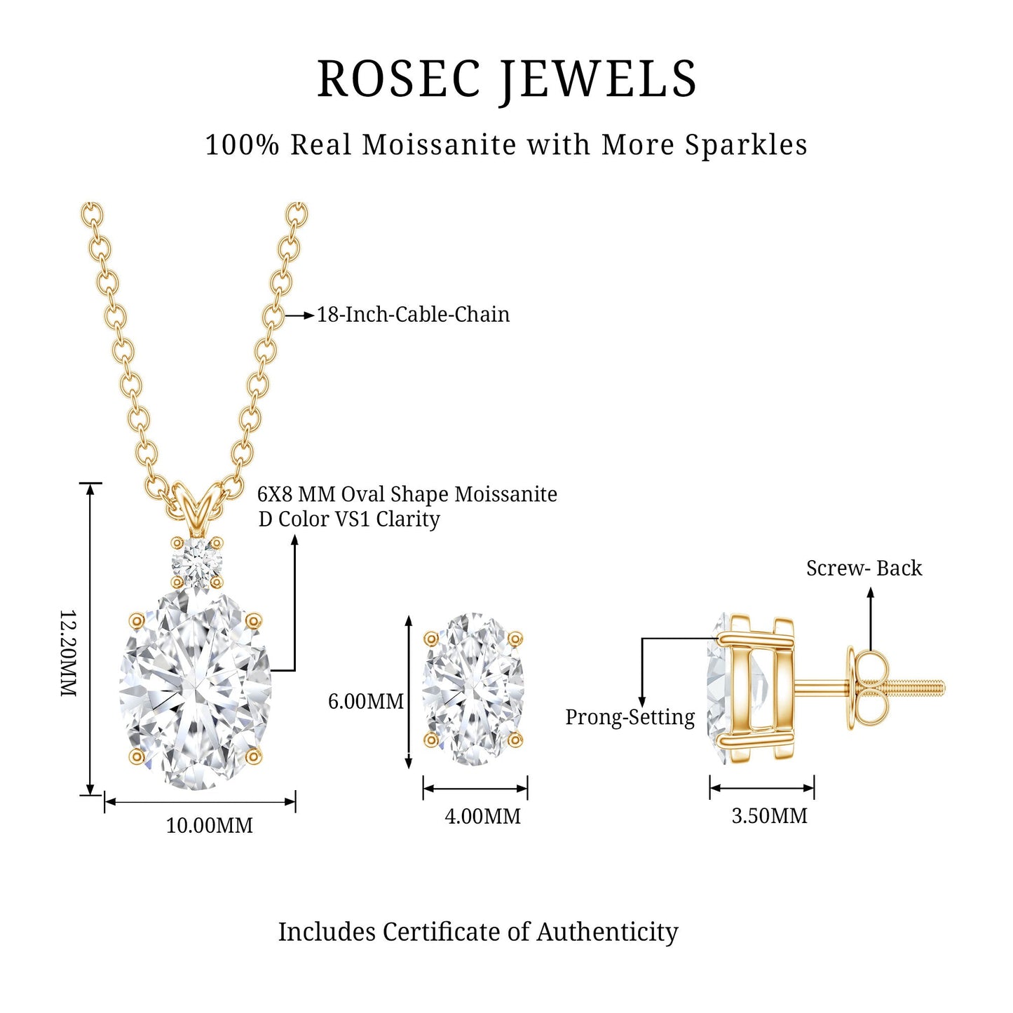 Certified Moissanite Oval Necklace and Earrings Set