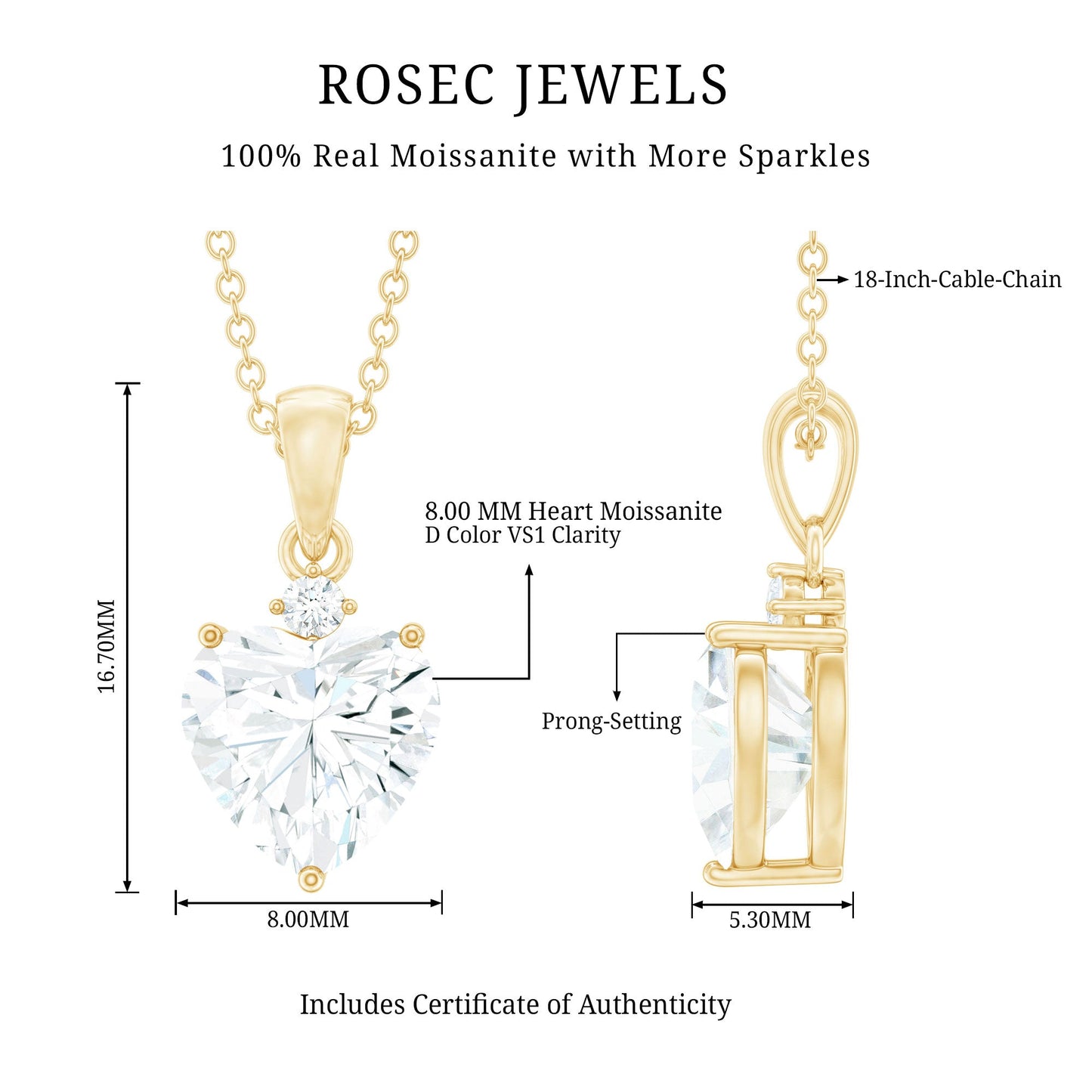 Certified 2 Carat Moissanite Heart Pendant for Women