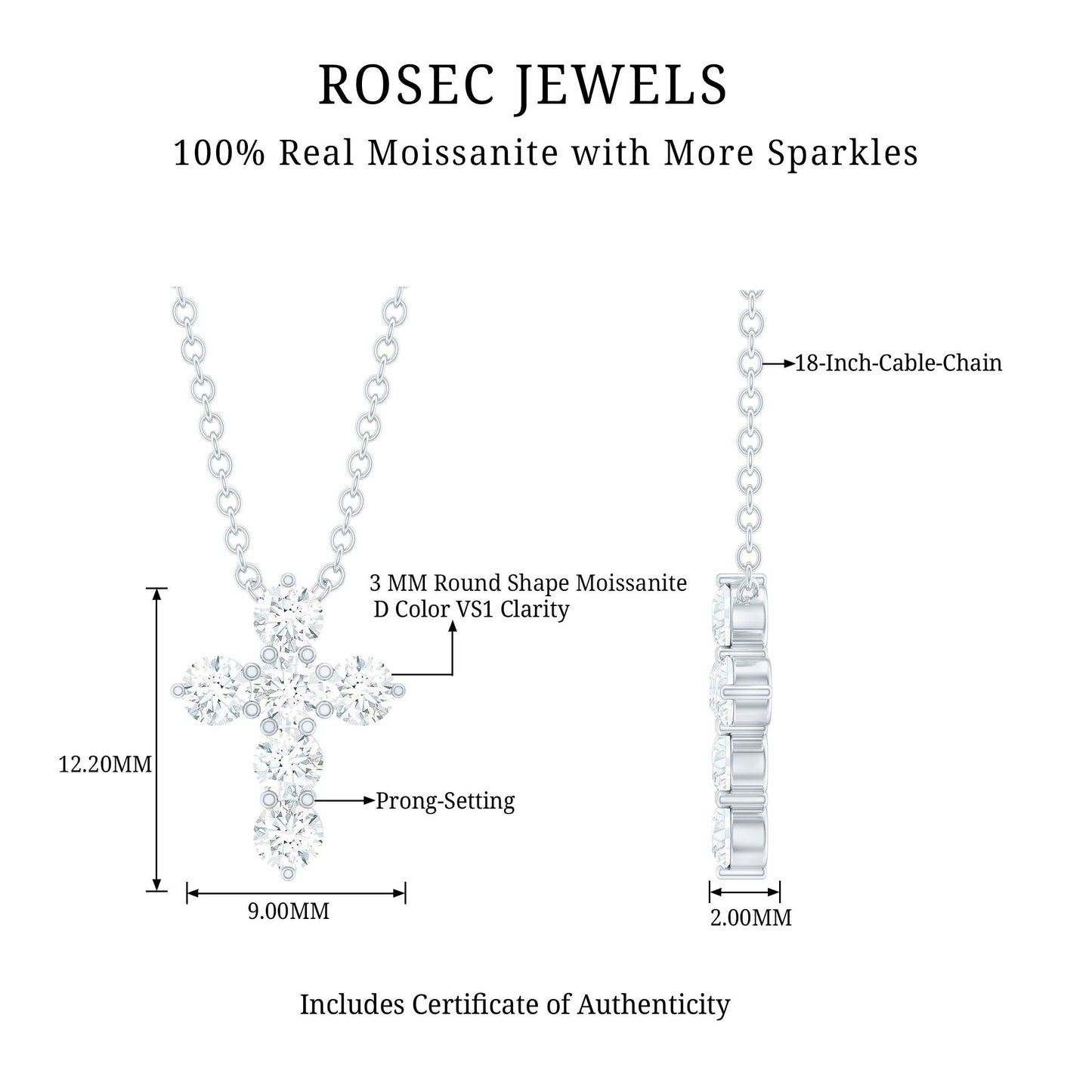 Round Cut Moissanite Cross Pendant Necklace