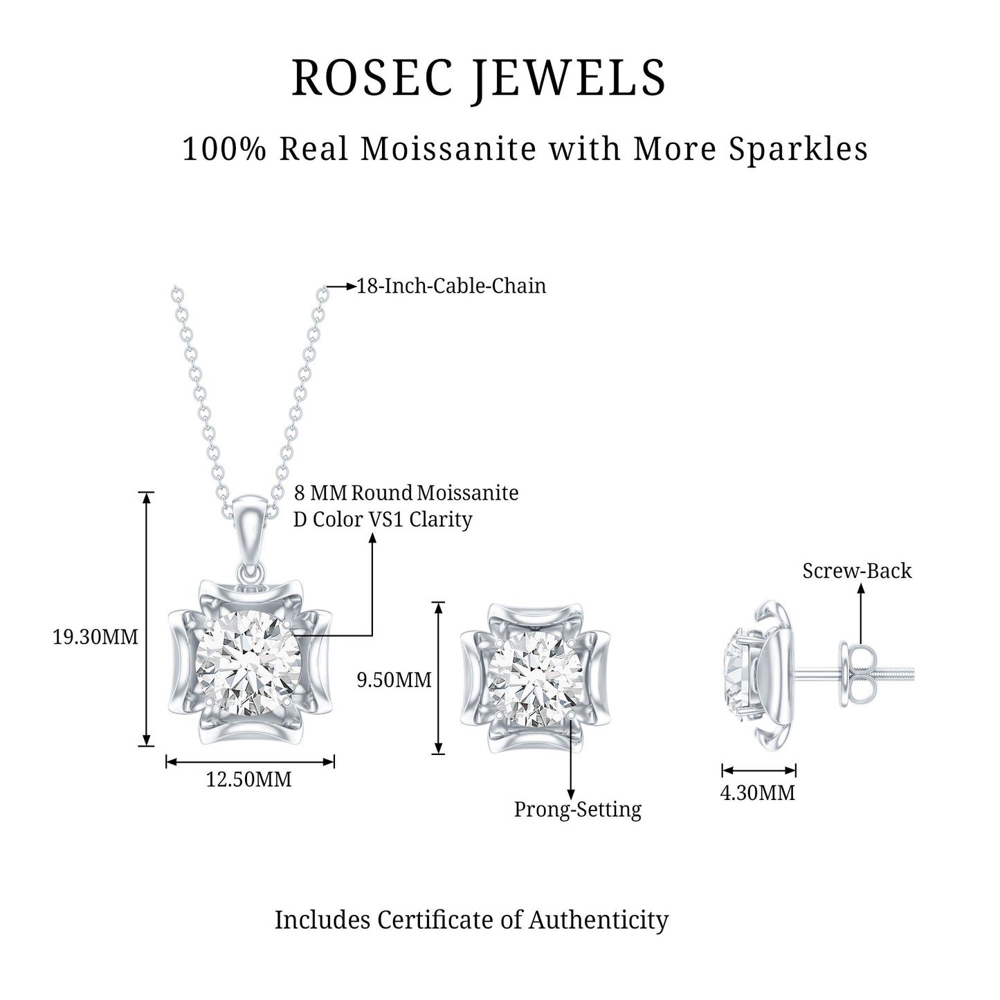 Round Shape Moissanite Solitaire Jewelry Set